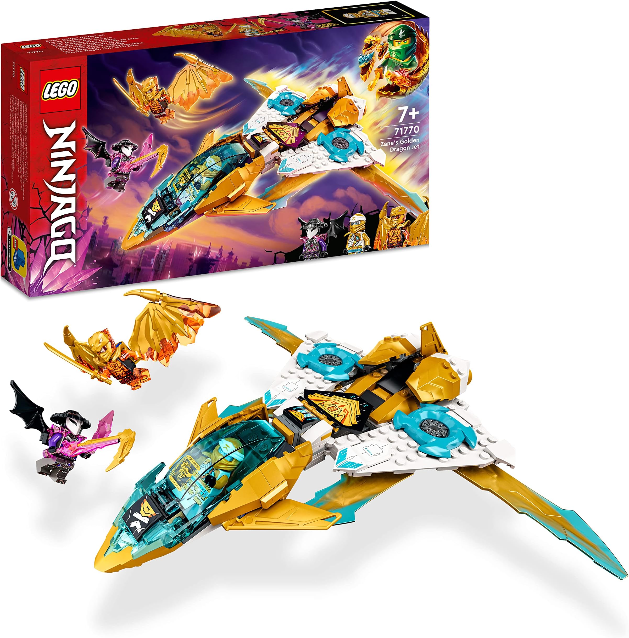 LEGO 71770 Ninijago Zane's Golden Dragon Jet, Toy Plane Set, Birthday Gift Idea for Kids, Boys and Girls 7 Plus Years Old with Cole and Zane Minifigures, Multicolor