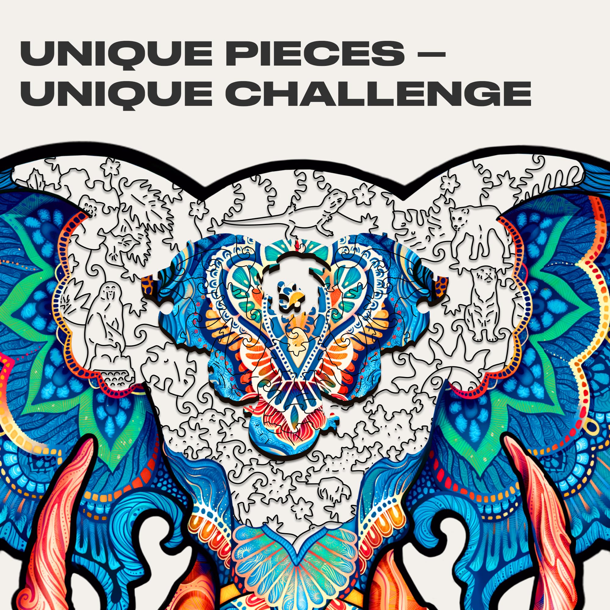 UNIDRAGON Original Wooden Puzzle – Eternal Elephant, 299 Pieces, Large Size 41 x 32 cm, Beautiful Gift Packaging, Unique Shape Best Gift for Adults