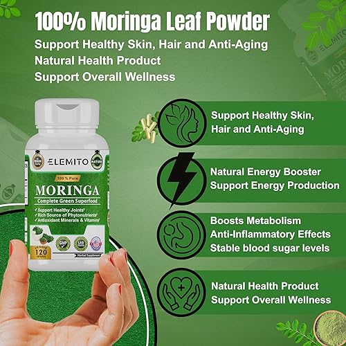 Miniatura 5 de Cápsulas de Moringa, superalimento orgánico 100% puro para impulso de energía natural, rico en nutrientes, extracto de hojas con antioxidantes,