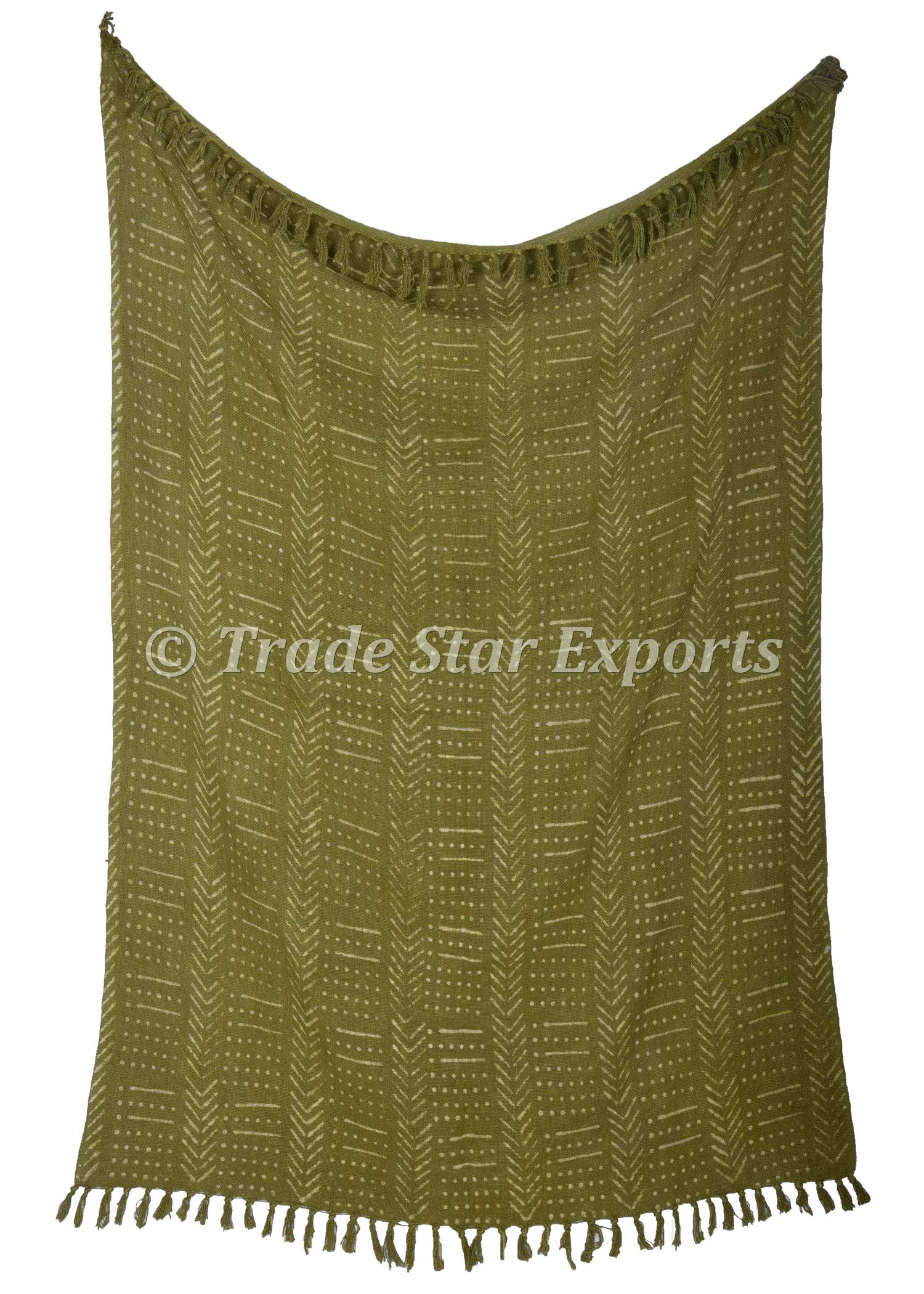 Trade Star Hand Block Print Mudcloth Throw Hand Loom Bed Runner Hand Dyed Fringed Sofa Throw Boho Decor Wedding House Warming Gift (Green, Snow (120 x 170 Cms))
