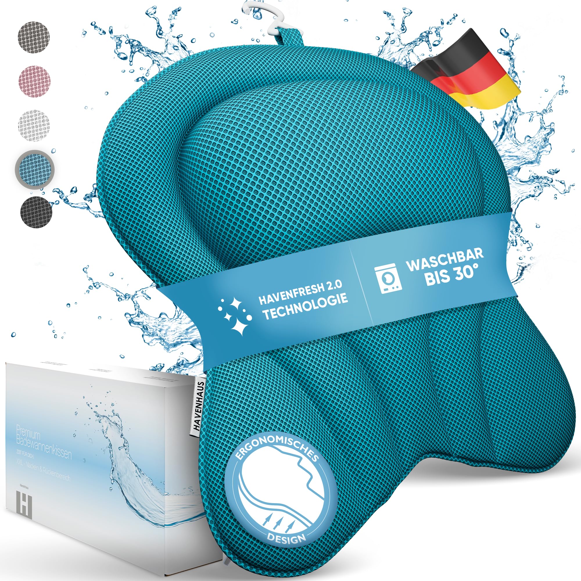 HAVENHAUS XXL Premium Badewannenkissen blau | NEU zusätzliche Polster an Schulter- & Nackenbereich | Badekissen für Badewanne schnelltrocknend, waschbar & 4X extra große Saugnäpfe | Kissen Badewanne