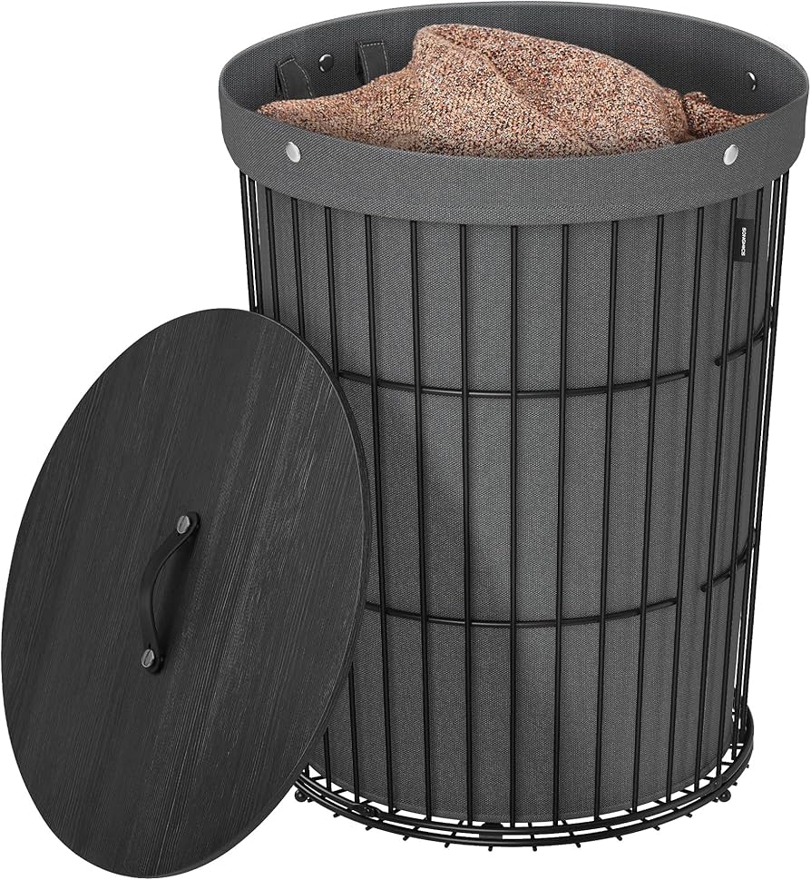 SONGMICS Laundry Hamper with Lid, Round Laundry Basket, 25 Gallons (95 L), Versatile, Removable Fabric Liner, Large Capacity, for Laundry Room, Bedroom, Living Room, Slate Gray ULCB160G01