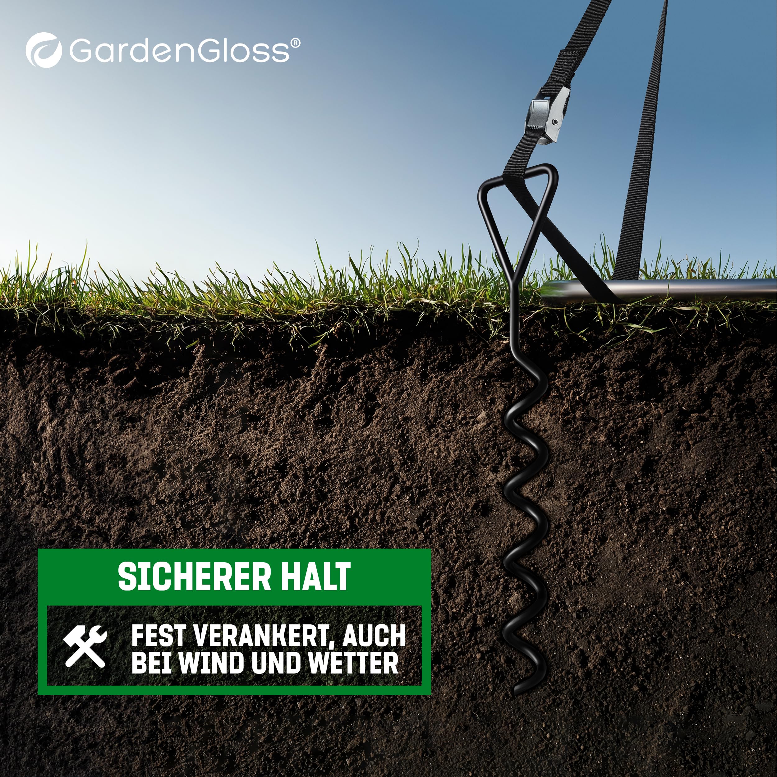 GardenGloss Bodenanker Trampolin Set - 40 cm Schraubanker | Zum Eindrehen - Sicherer Halt im Boden - Robuste Ausführung - Für Trampoline