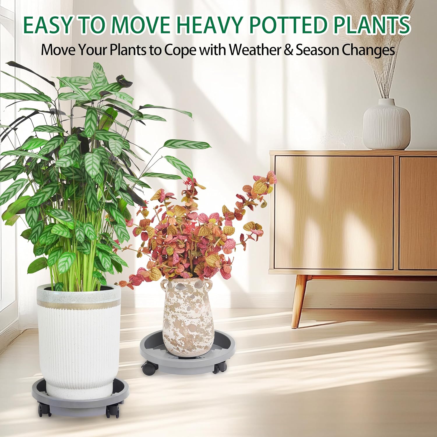 3 Pack 11 inch Plant Caddy with Lockable Wheel, Drainage & Self-watering Design, Movable Wheeled Round Planter Stand Coaster Trolley, Flower Pot Dolly Rack Tray on Rolling Caster Roller Indoor Outdoor