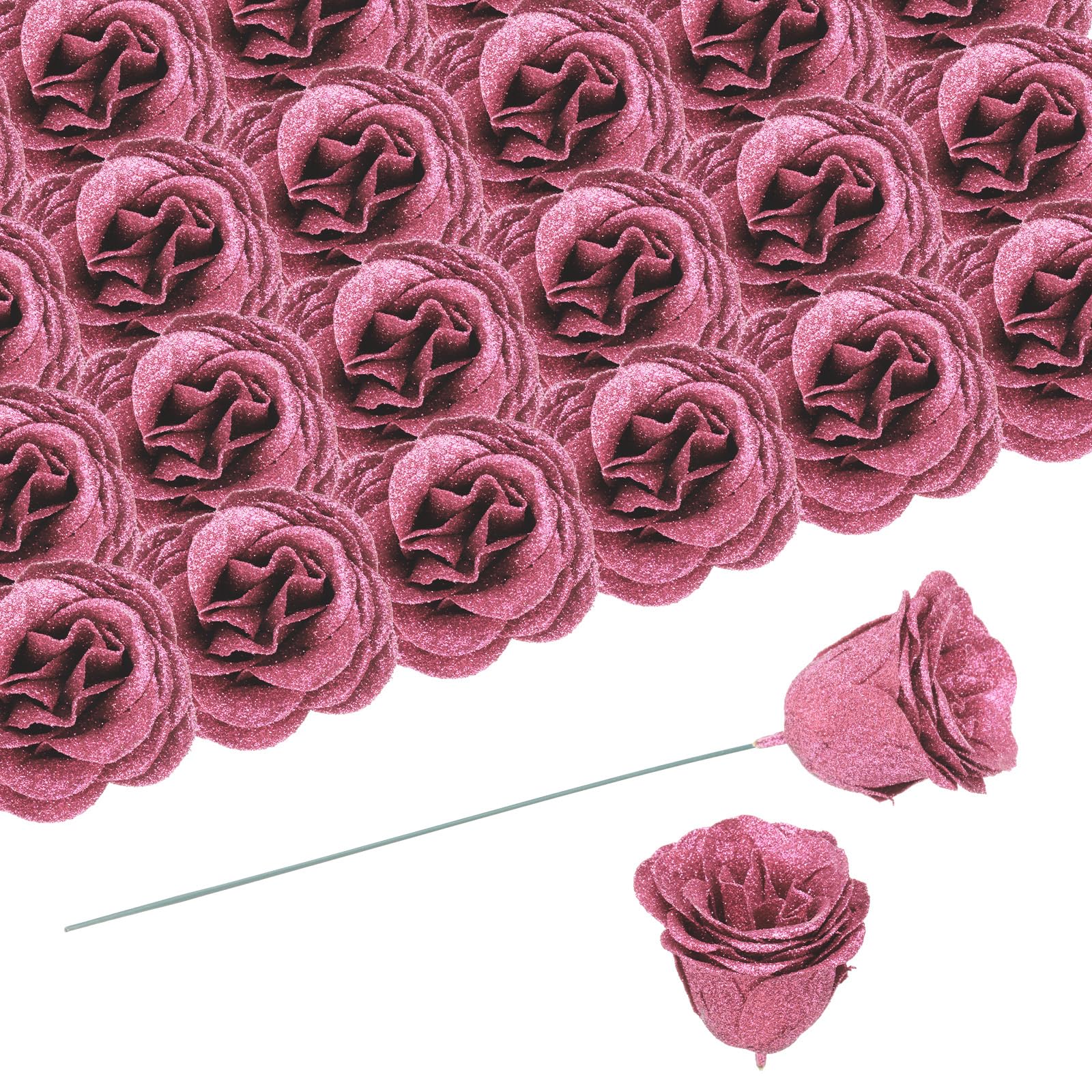 sourcing map 50pcs Glitters Roses Artificial Flower, Fake Roses with 50pcs Stems Silk Real Touch Faux Roses for Wedding Party Office Shower Home Decoration, Deep Pink