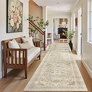Madane Hallway Runner Rug 2x12, Long Washable Runner Rugs 12ft with Rubber Backing, Non Slip Carpet Runner, Vintage Rug Runners for Kitchen Laundry Room Entryway (Beige/Blue, 2'x12')