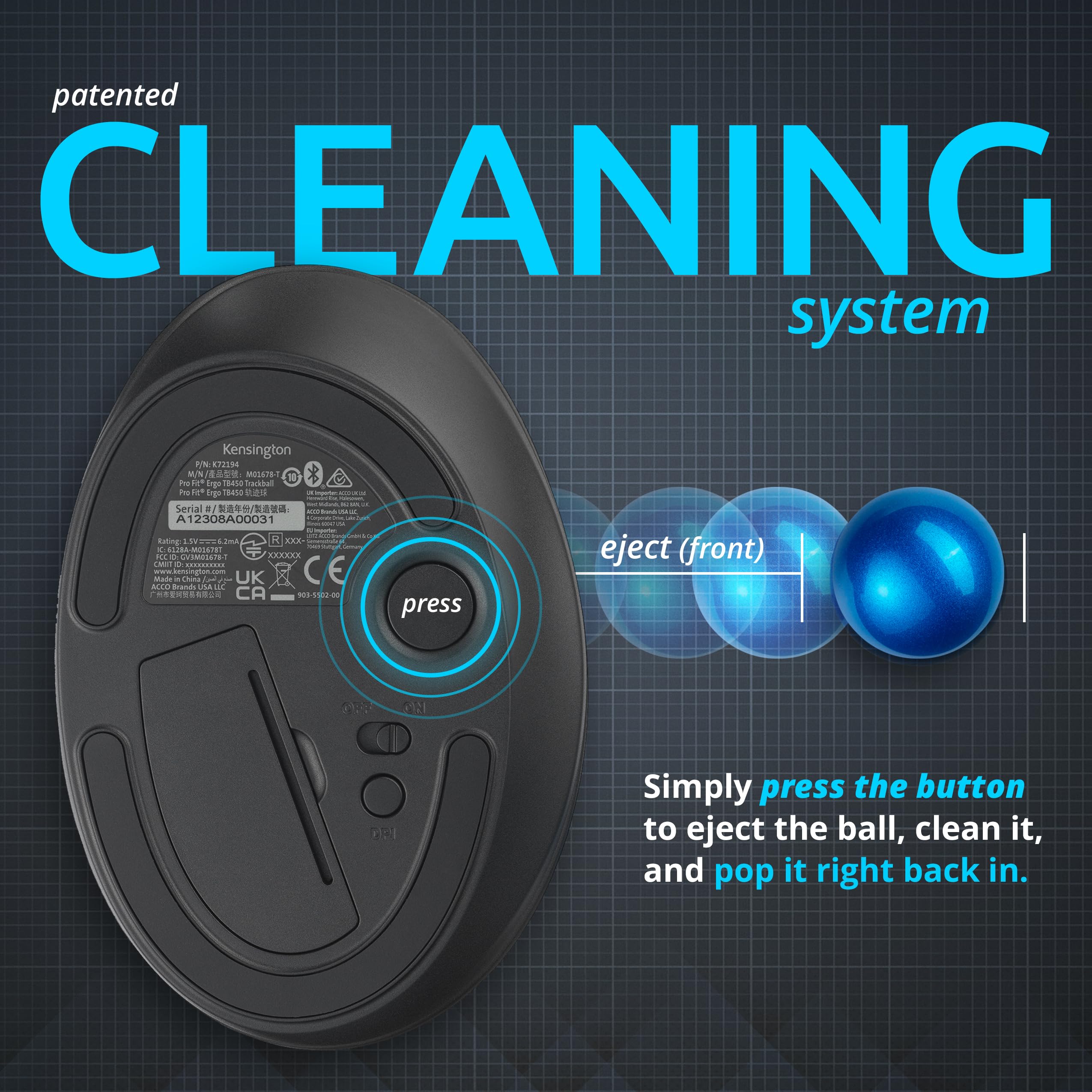 Kensington Mouse Trackball sem fio TB450 (K72194WW), preto-azul
