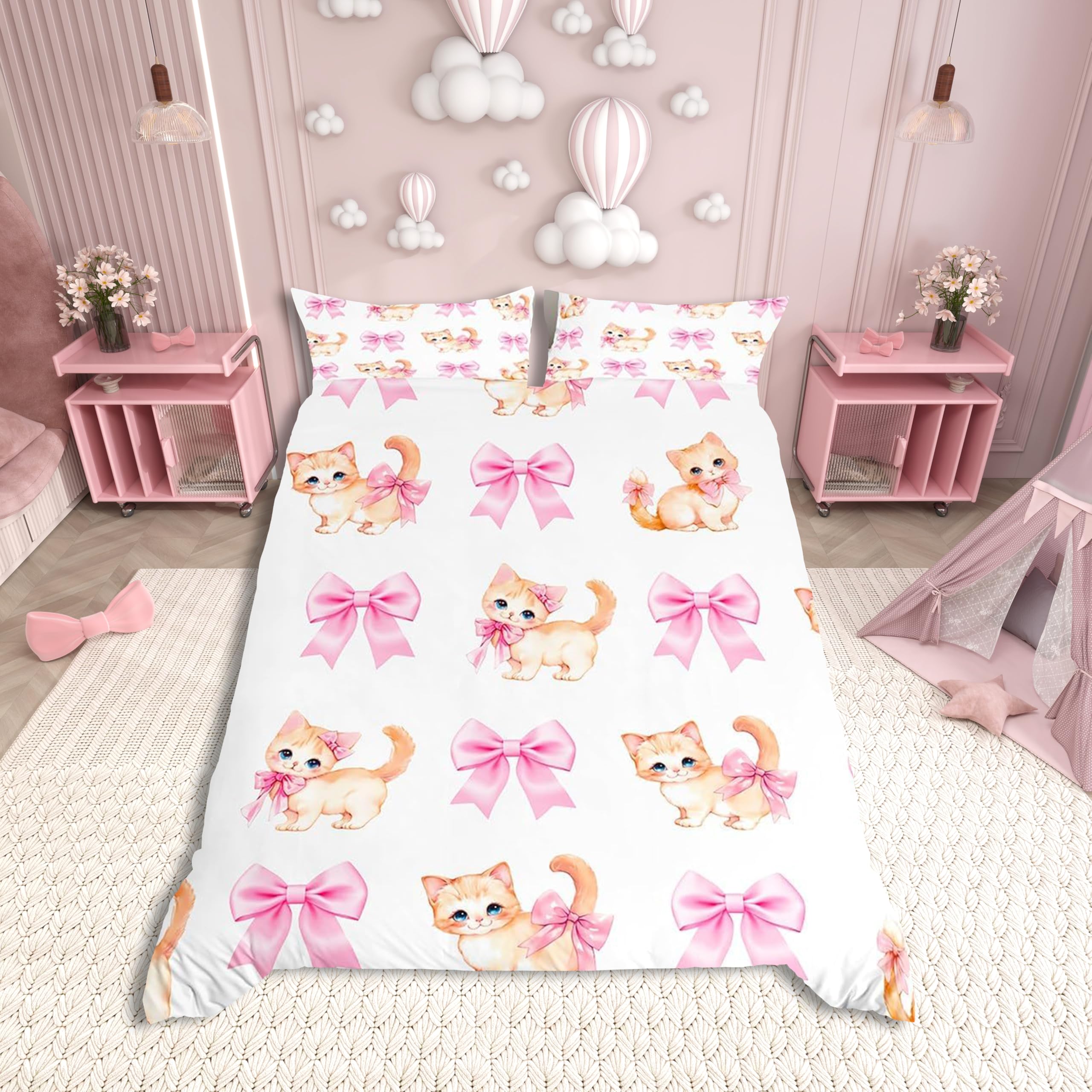 feelingyou Cute Bow Cat Bedding Set Double,Pink Bowknot Pattern Duvet Cover Set Cartoon Pet Cat Comforter Cover 3Pcs for Kids Girls Woman Teens Bedroom Decor,Sweet Animals Quilt Cover,2 Pillowcases
