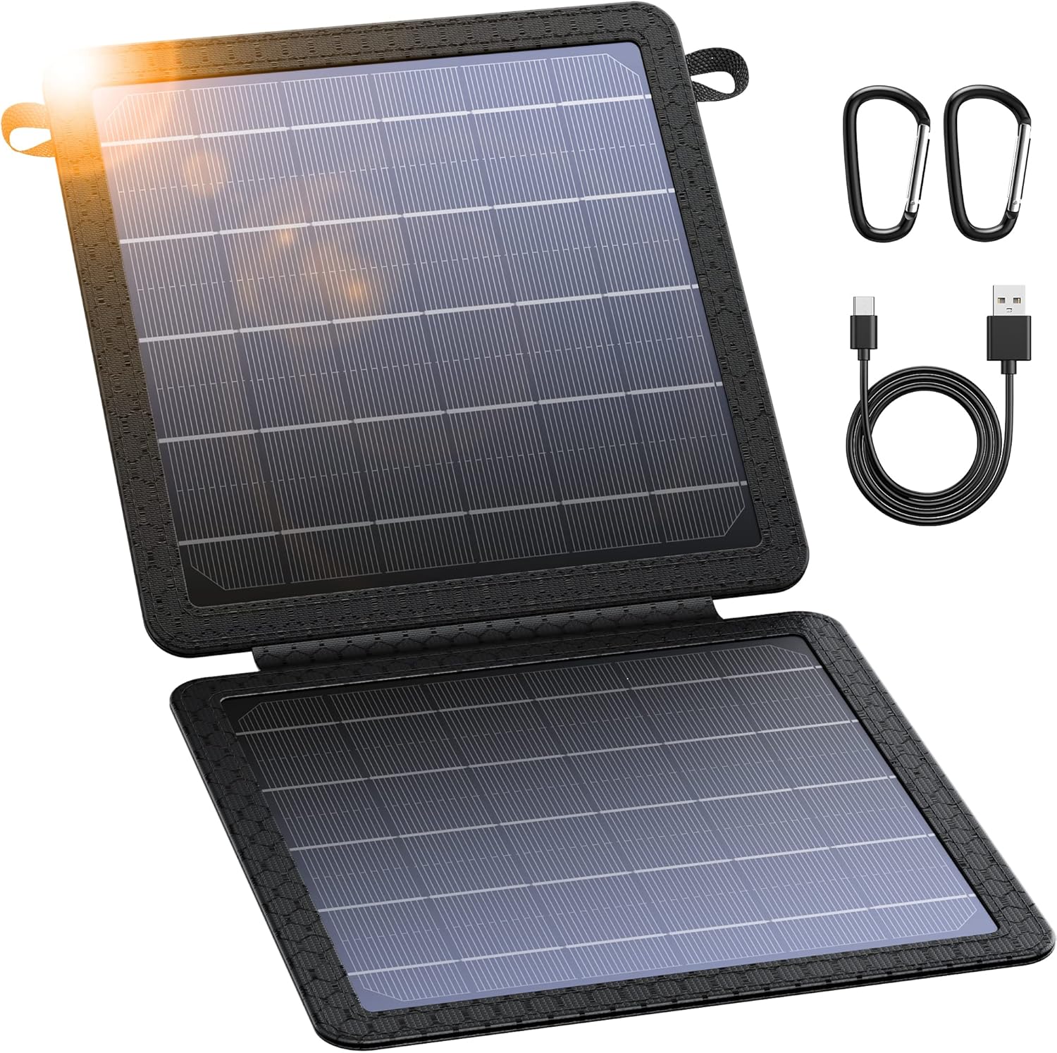 Transportable Photo voltaic Panel Charger with USB Cable and Carabiners, Foldable Twin Panel Design