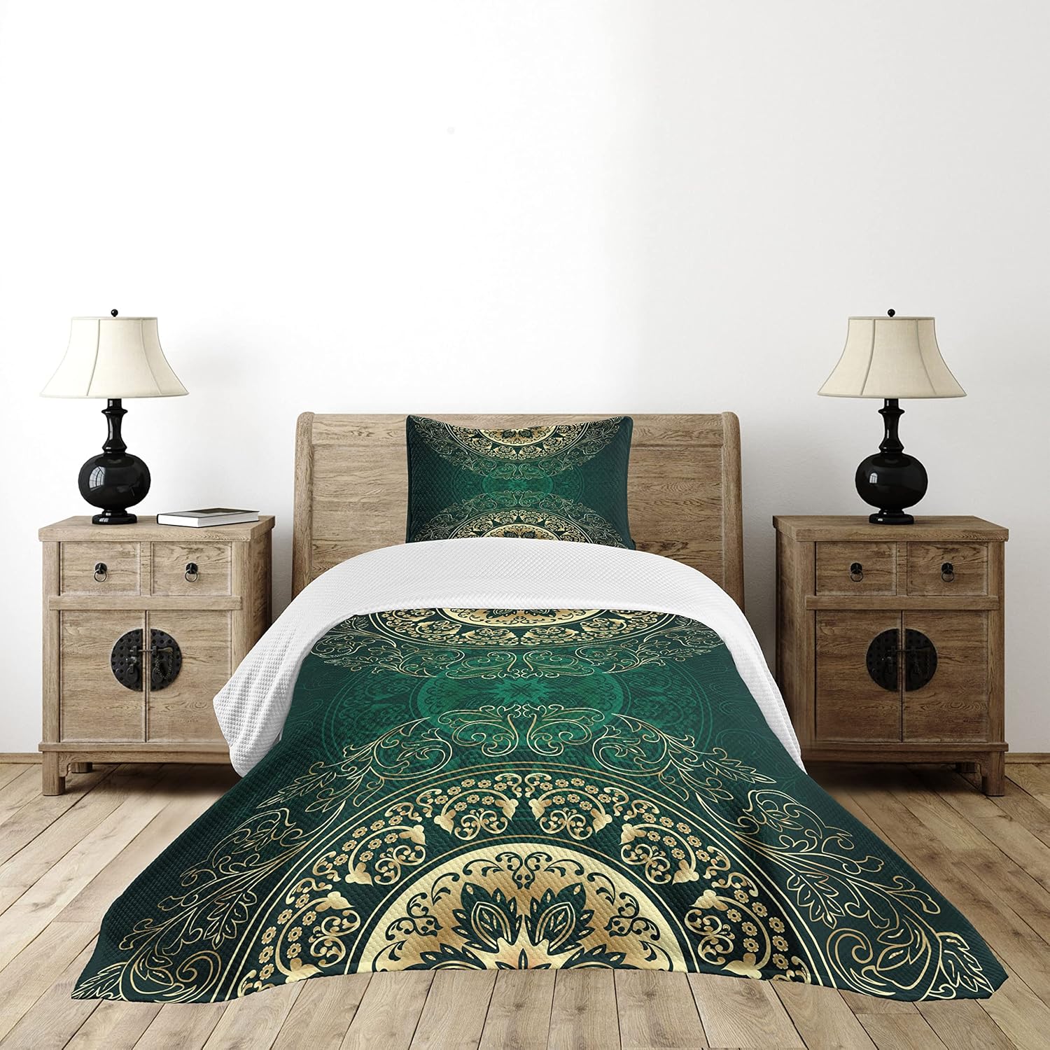 Lunarable Hunter Green Bedspread, Retro Oriental Mandala Style Floral Circle Antique Swirls Pattern, Decorative Quilted 2 Piece Coverlet Set with Pillow Sham, Twin Size, Green Yellow