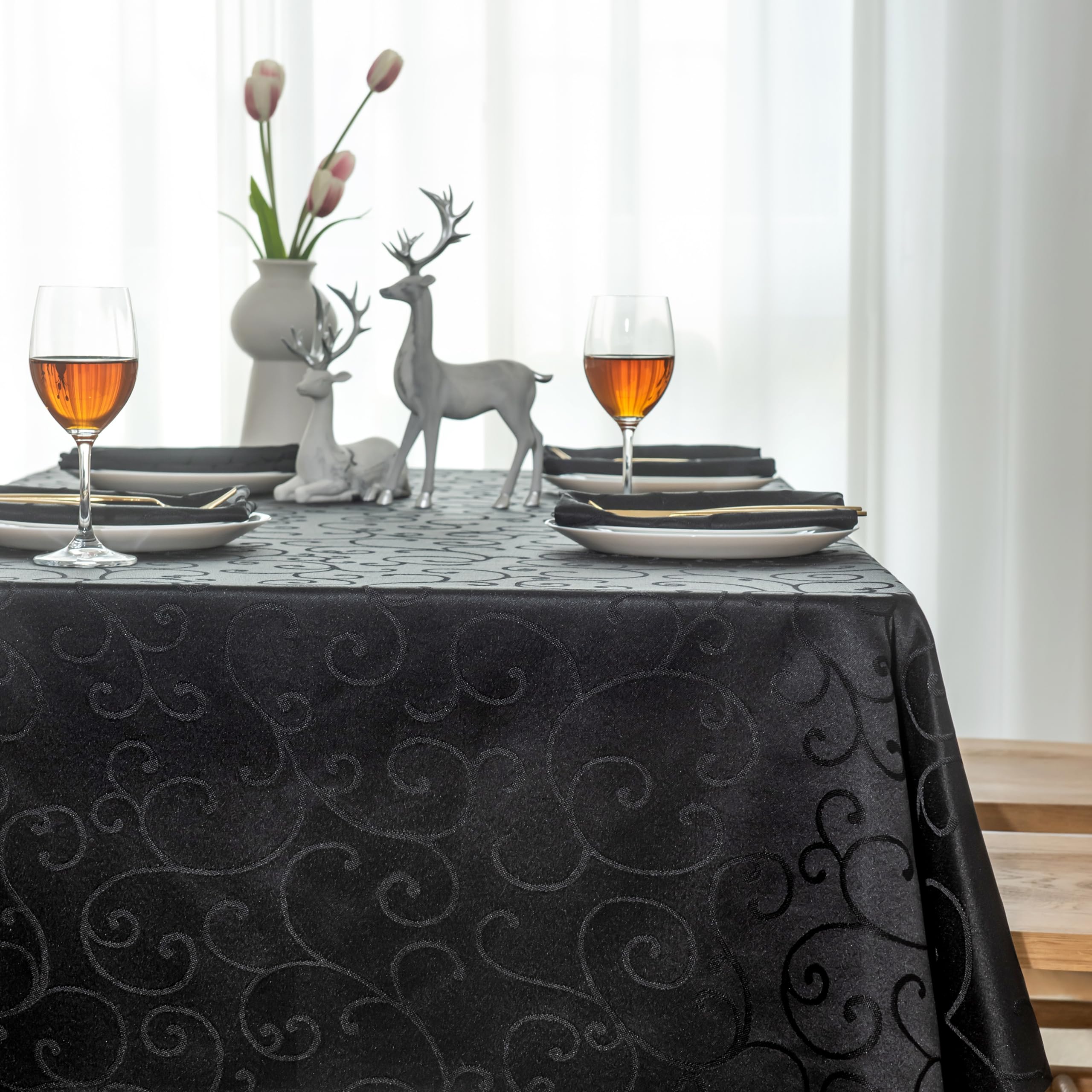 Marina Decoration Jacquard Waterproof Elegant Luxury Premium Solid Damask Branch Scroll Decorative Home Kitchen Tablecloth Liquid Repellent and Stain Resistant, Black Color Oblong 60 x 84 Inch