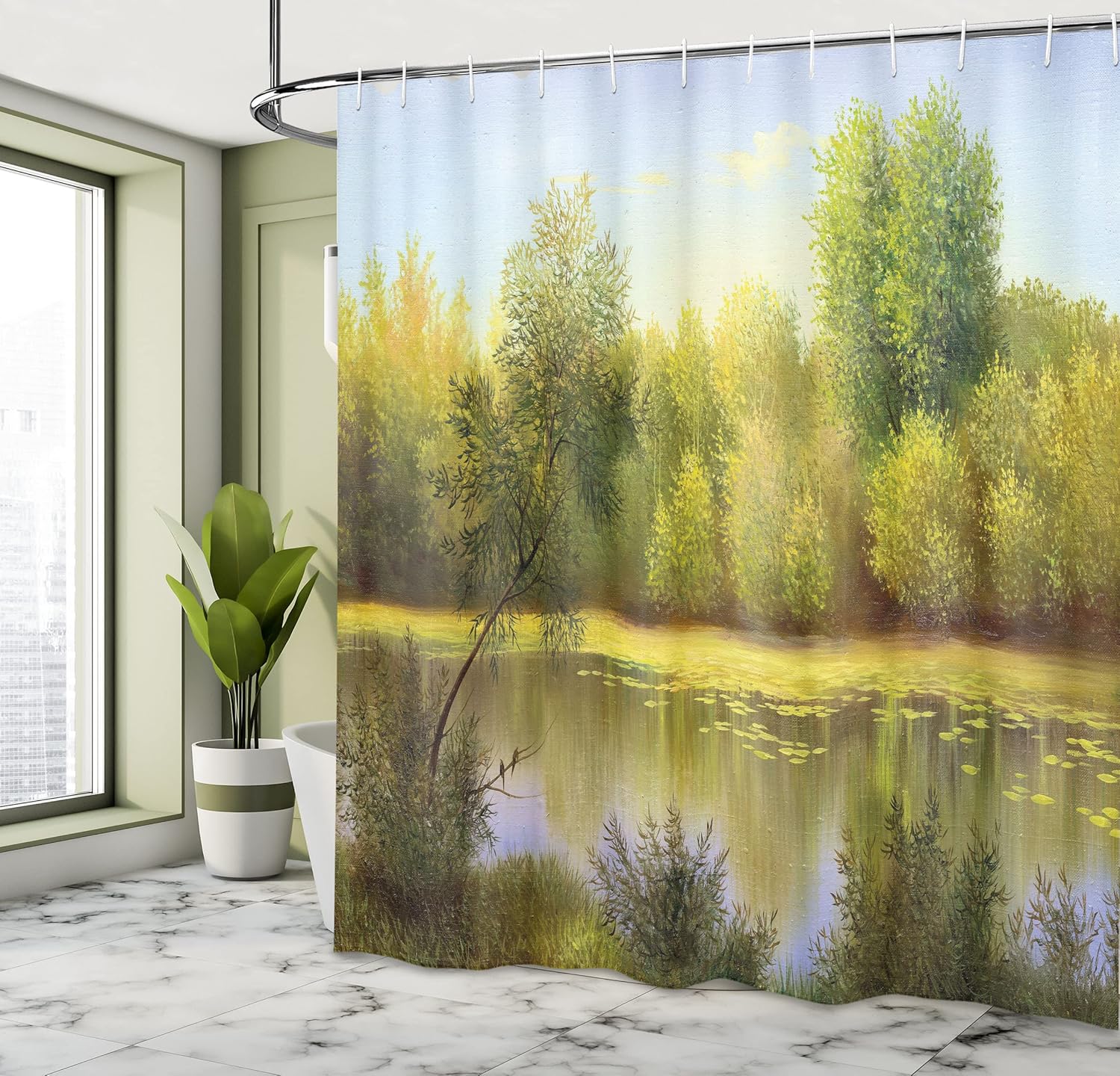 Ambesonne Tree Shower Curtain, Painting of Autumn Landscape Nature Themed Pattern Trees and a Lake Illustration, Cloth Fabric Bathroom Decor Set with Hooks, 69" W x 70" L, Apple Green