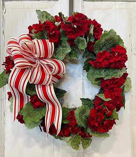 Miniatura 3 de Corona de geranio rojo para decoración de puerta delantera de primavera o verano en 21 pulgadas de diámetro, forma redonda