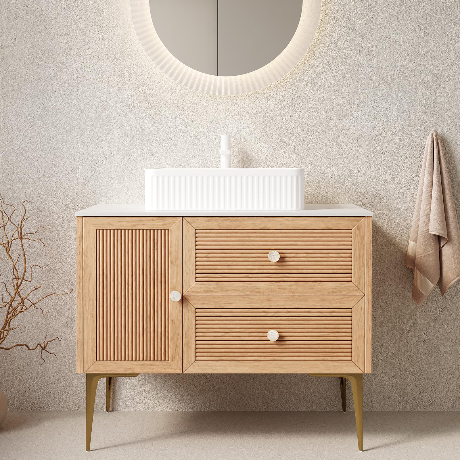 YSJZYBF 36" Bathroom Vanity with Rectangular Vessel Sink, Freestanding Single Sink Bathroom Vanities, Bathroom Storage Vanity Cabinet with Metal Legs,