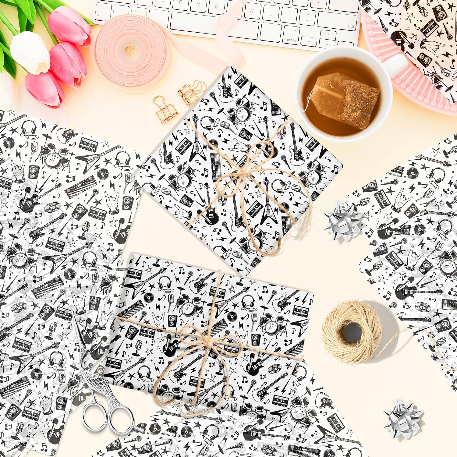 100Sheets Music Tissue Paper Rock and Roll Theme Gifts Wrapping Tissue Music Instrument Pattern Wrap Paper for Celebration Birthday Party Decoration DIY Crafts
