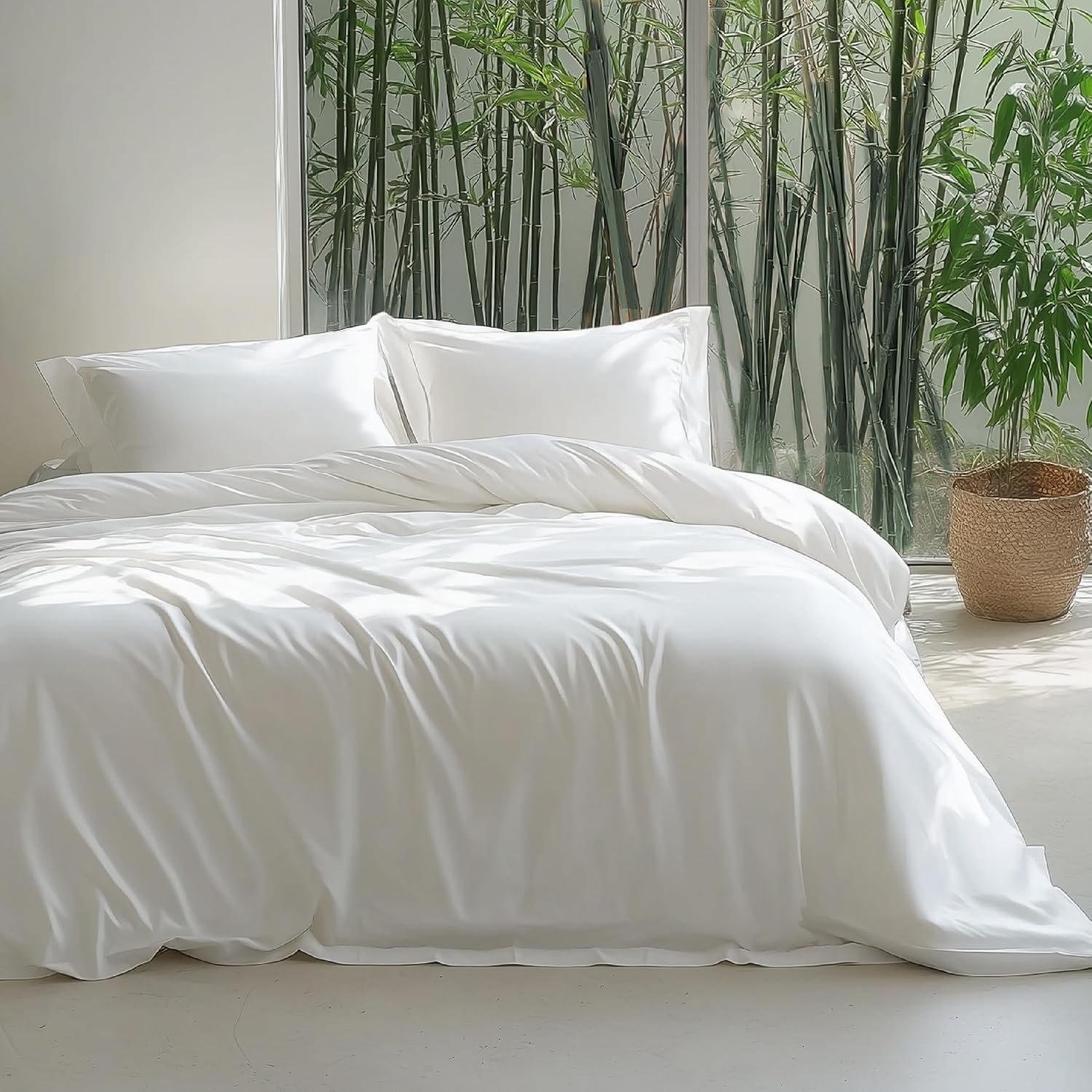 Bedsure 100% Rayon Derived from Bamboo Duvet Cover King Size - Lightweight Silky Cooling Comforter Cover Set for Hot Sleepers, Breathable & Moisture-Wicking Bedding Set, Pure White