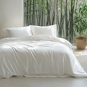 Bedsure Silky Cooling Duvet Cover King Size - Lightweight 100% Rayon Derived from Bamboo Comforter Cover Set for Hot Sleepers, Breathable & Moisture-Wicking Bedding Set, Pure White