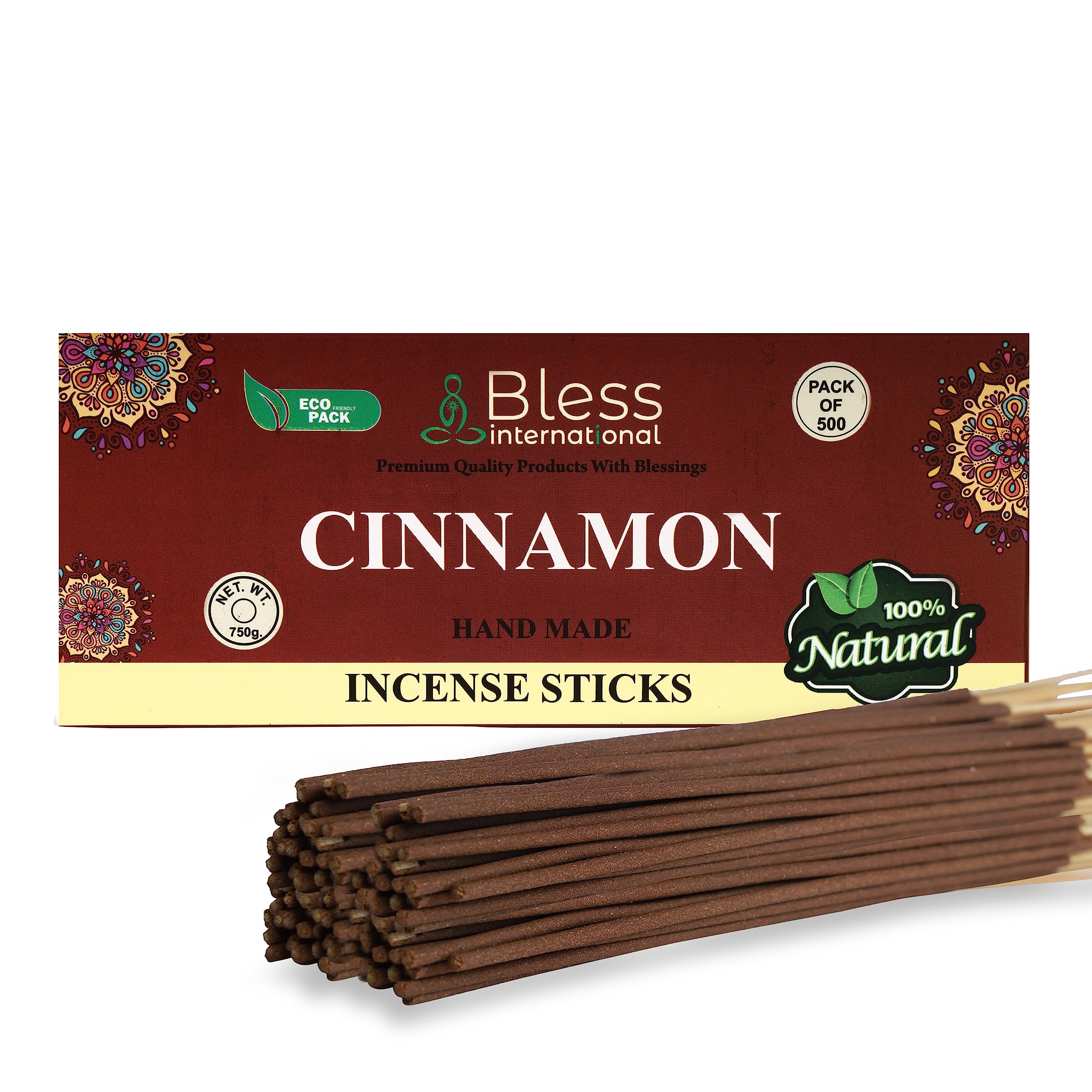 Bless-Cinnamon 100%-Natural-Handmade-Hand-Dipped-Incense-Sticks Organic-Chemicals-Charcoal-Free Purification-Relaxation-Positivity-Yoga-Meditation Best-Woods-Scent (500 Sticks(26 OZ))
