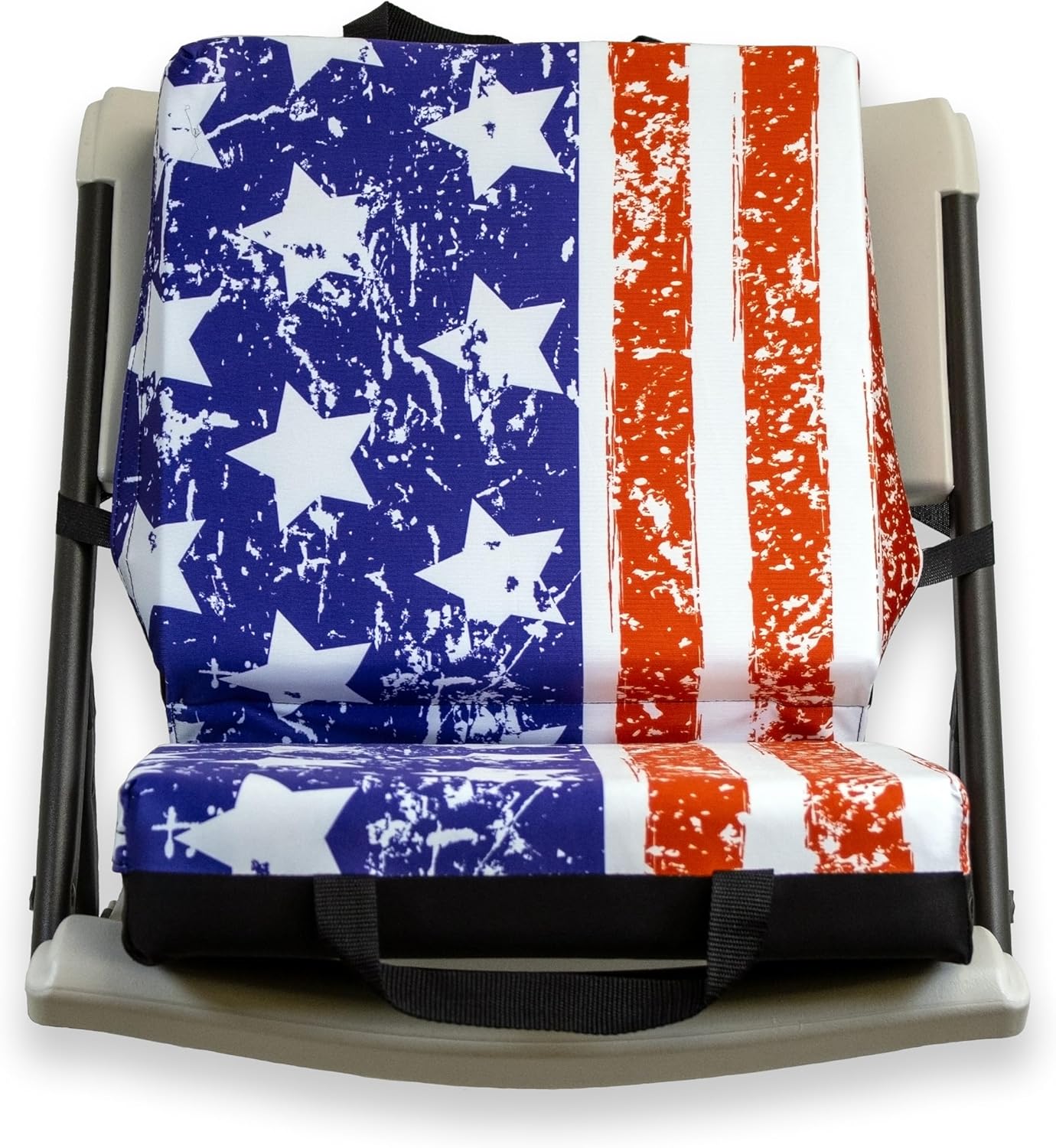 USA Flag Pattern Bingo Seat Cushion – Extra Thick 3” Bingo Pillow with Strap, Storage Pouch & Handles – Comfortable Folding Chair Cushion for Bingo Nights