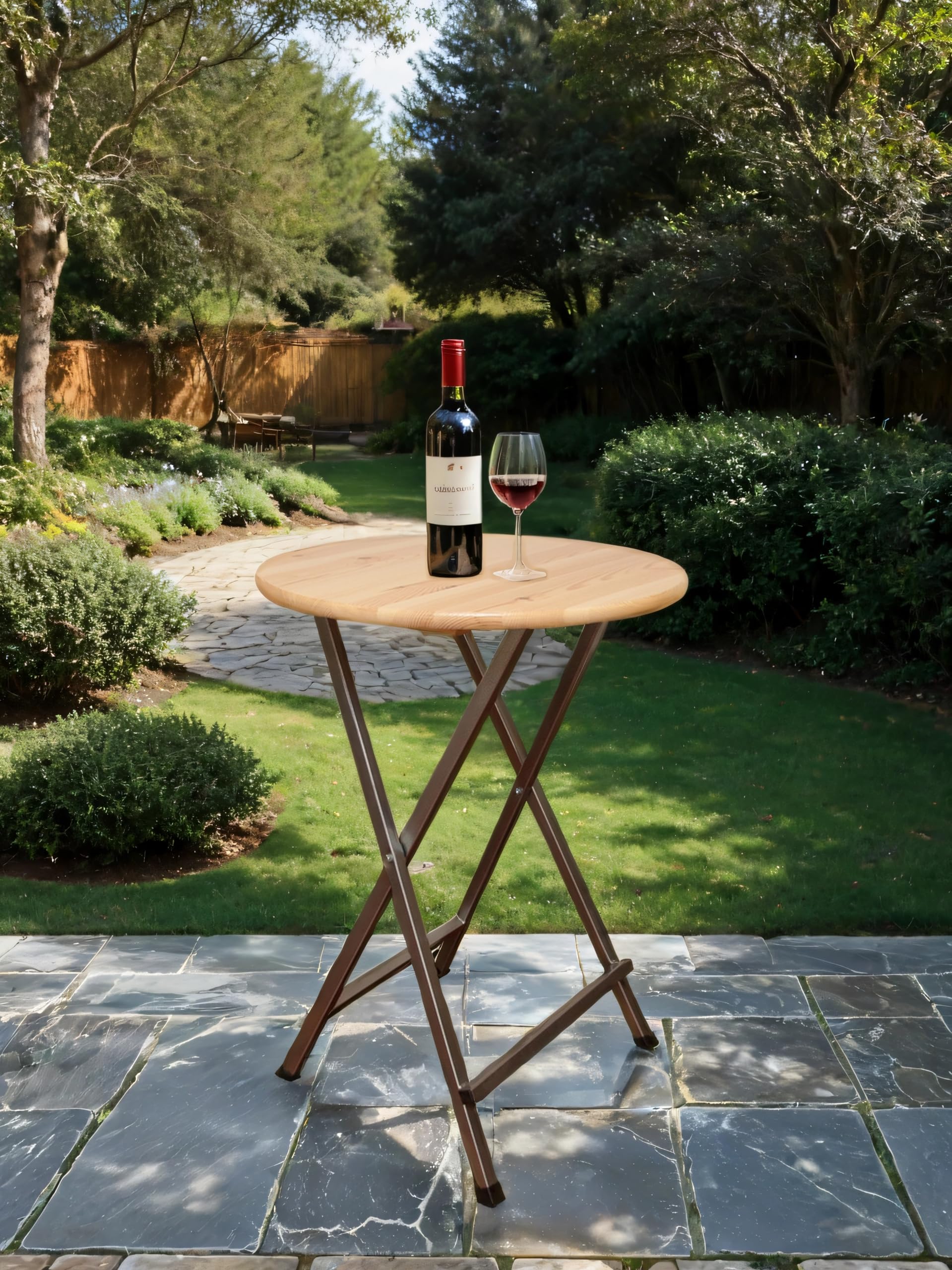 METRO Professional Outdoor Stehtisch, Kiefernholz/Stahl, Ø 78 x 110 cm, Wetterbeständig, Klappbar, Rund, Braun