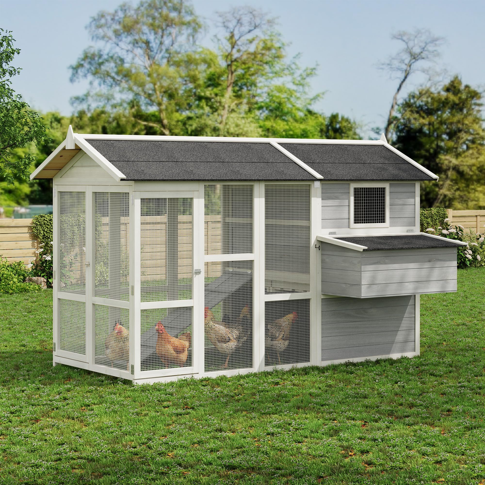 Photo 1 of GAOMON Large Outdoor Chicken Coop for 4-6 Chickens Wooden Hen House Poultry Pet Hutch Run Cage w/Waterproof Asphalt Roof, Ramp, Nesting Box, Wire Fence, Grey (80" x 35" x 54")