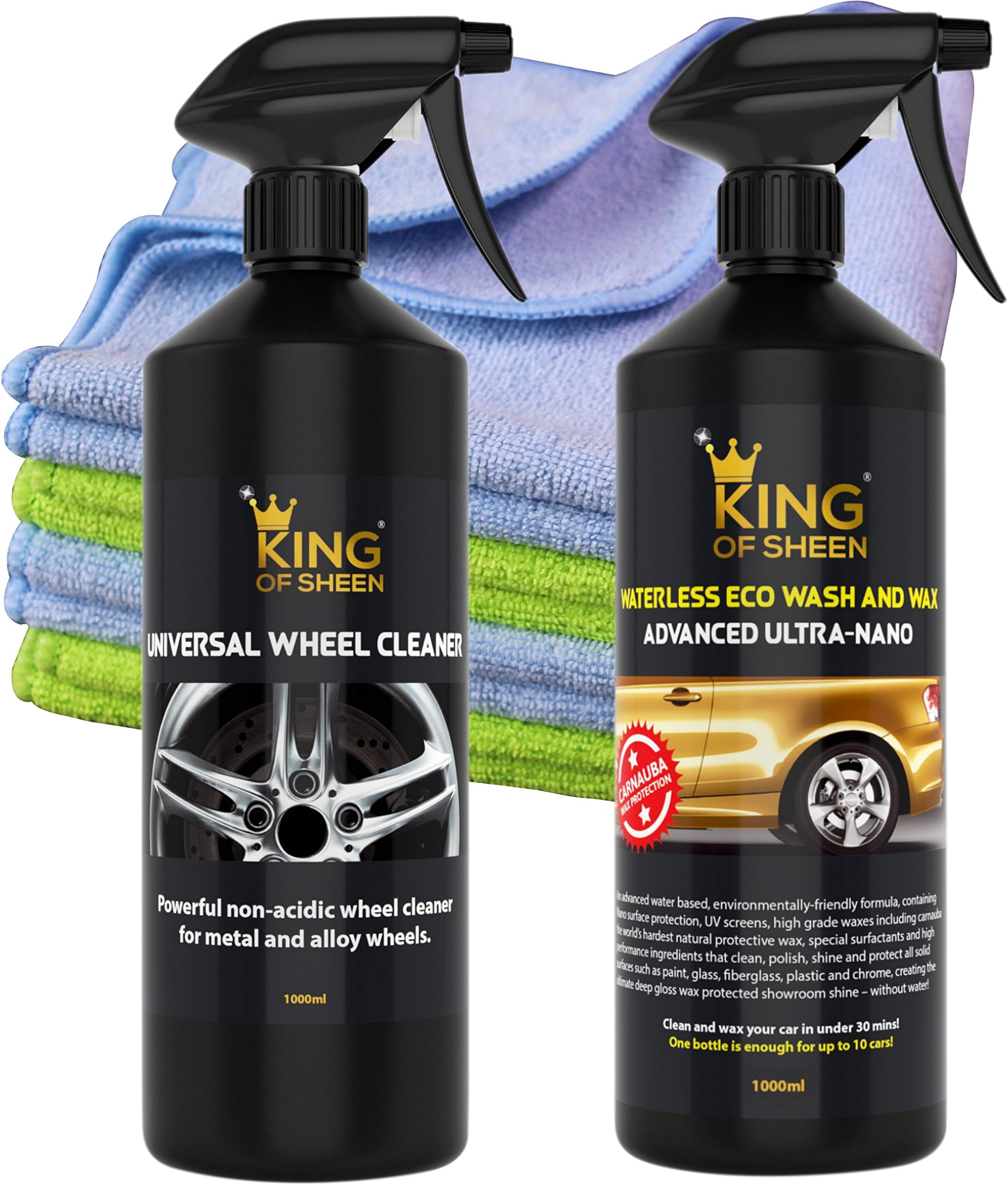 King of Sheen Waterless Wash and Wax Advanced Ultra Nano 1lt and Universal Wheel Cleaner 1lt + 4 Professional Microfibre Cloths Car Cleaning Kit