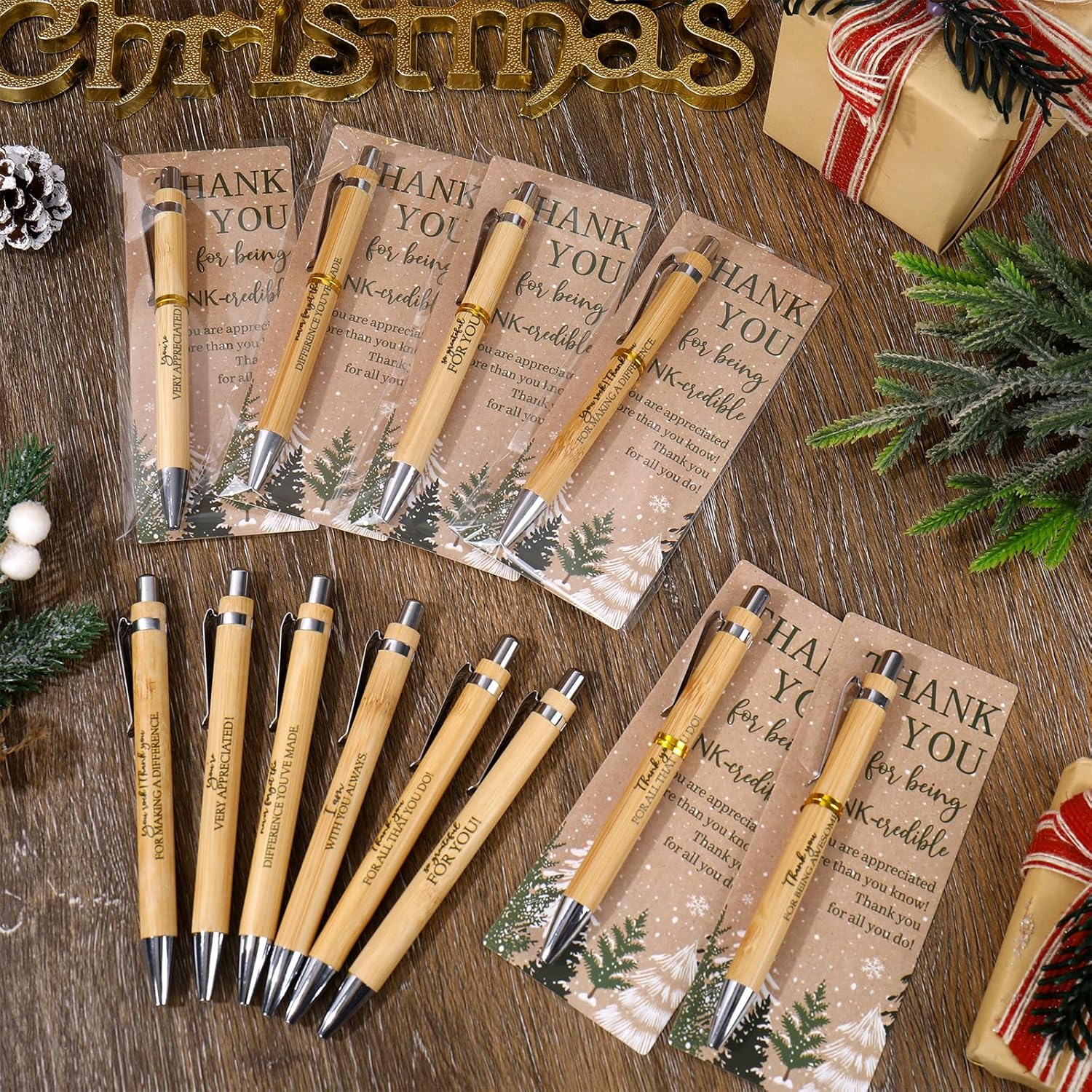 FYSUIMU 30 Sets Christmas Appreciation Gift Bulk Xmas Tree Inspirational Wooden Ballpoint Pens with Thank You Cards for Employee Teacher Nurse Party Favors Supplies