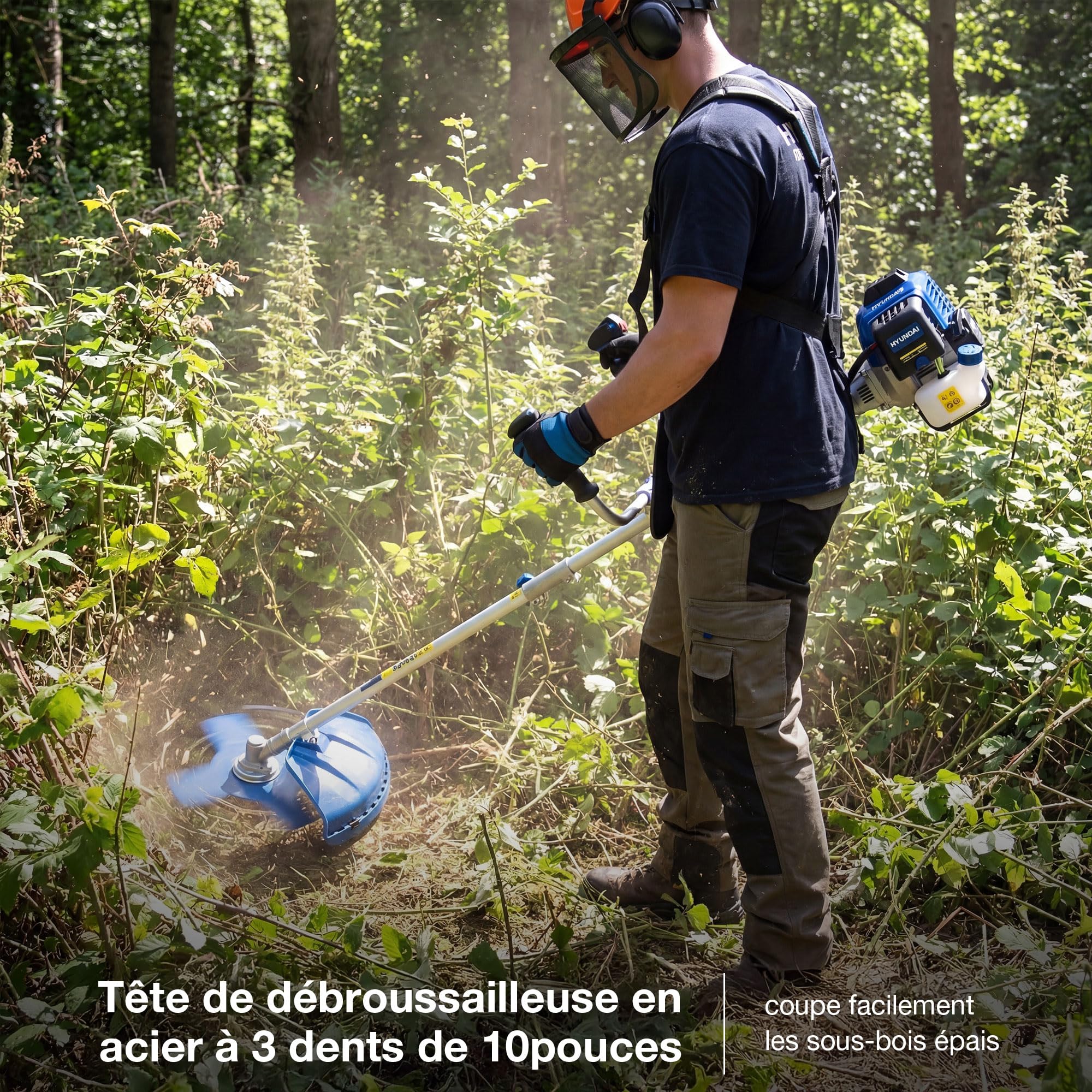 Hyundai Débroussailleuse et Coupe-Bordures Thermique 56 cm3 2-en-1, Lame Acier 3 Dents et Tête Nylon 43 cm, Arbre Divisible, Harnais Inclus, Garantie 3 Ans - HYBC5600X