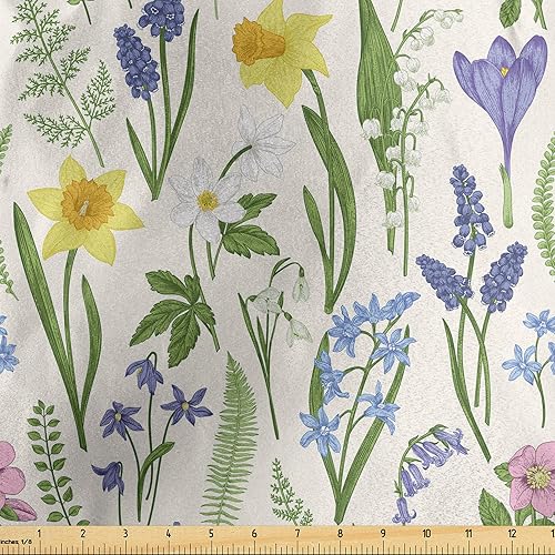 Ambesonne Spring Fabric by The Yard, Seasonal Garden Plants in Full Blossom Rural Country Meadow Wild Flowers Pattern, Decorative Satin Fabric for
