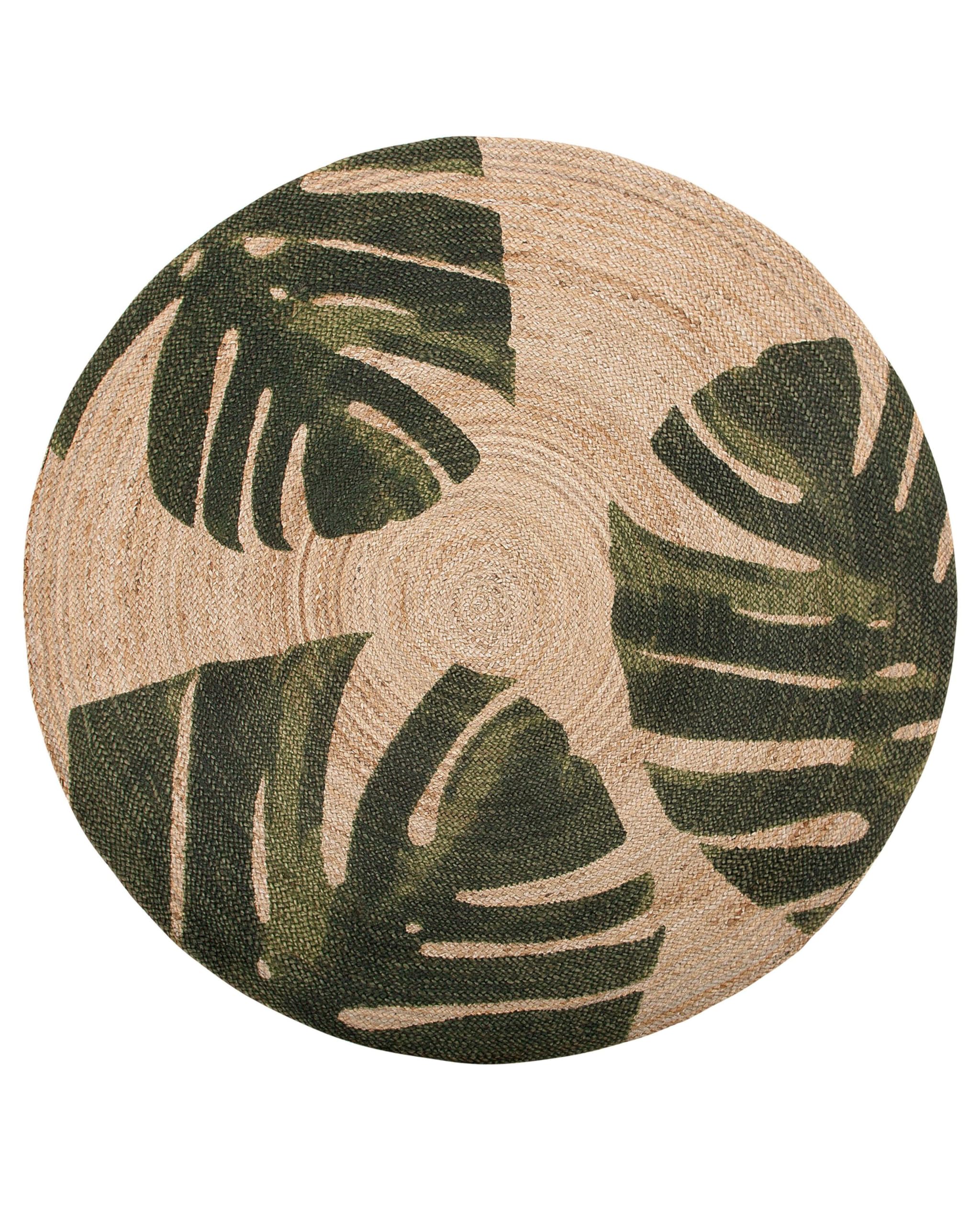 Alfombra redonda de yute verde 140 cm salón dormitorio hoja tropical monstera decorativa Incik
