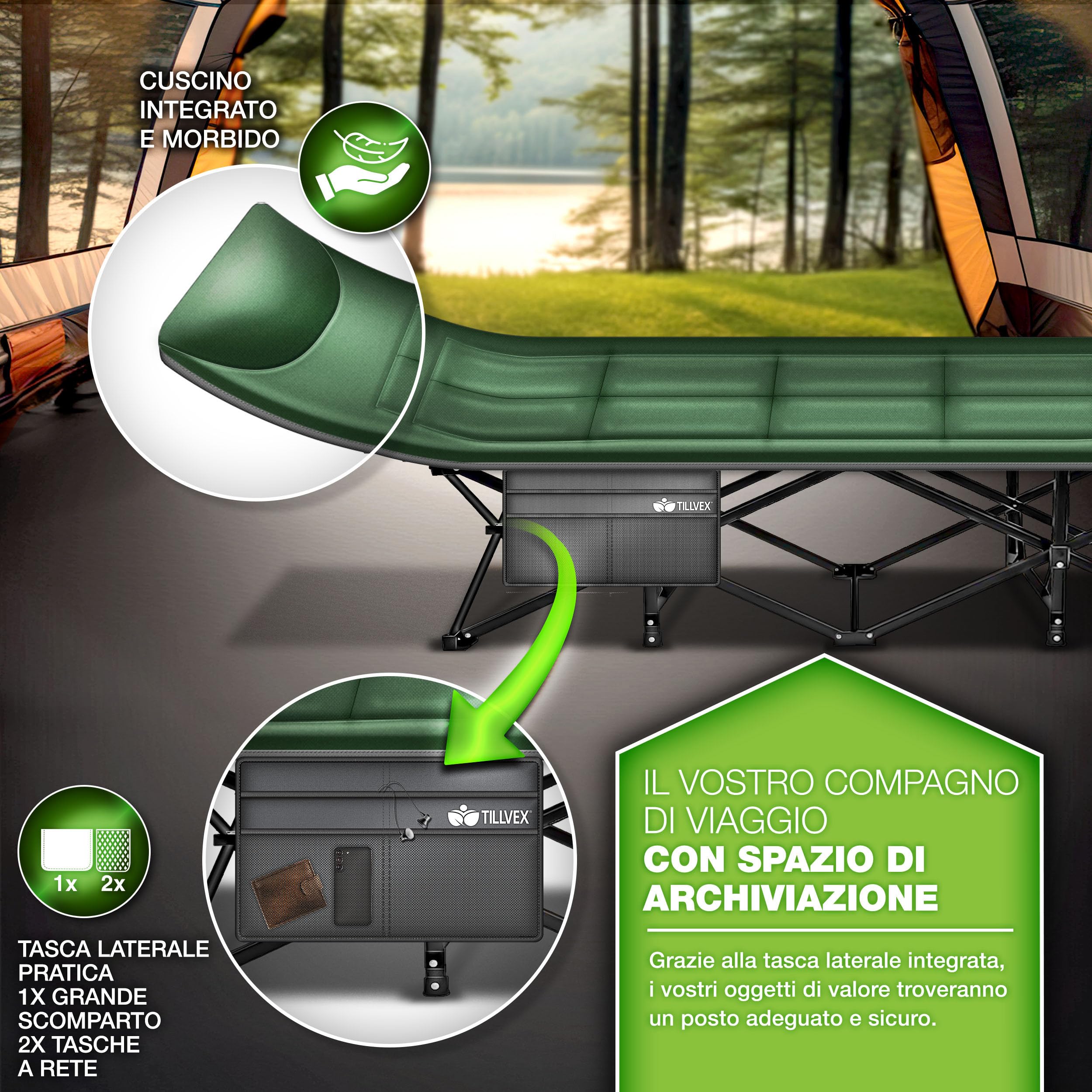 tillvex® Letto da campeggio pieghevole con borsa per il trasporto fino a 200 kg | Lettino da campeggio extra largo | Lettino da campeggio per interni ed esterni | Letto pieghevole per gli ospiti