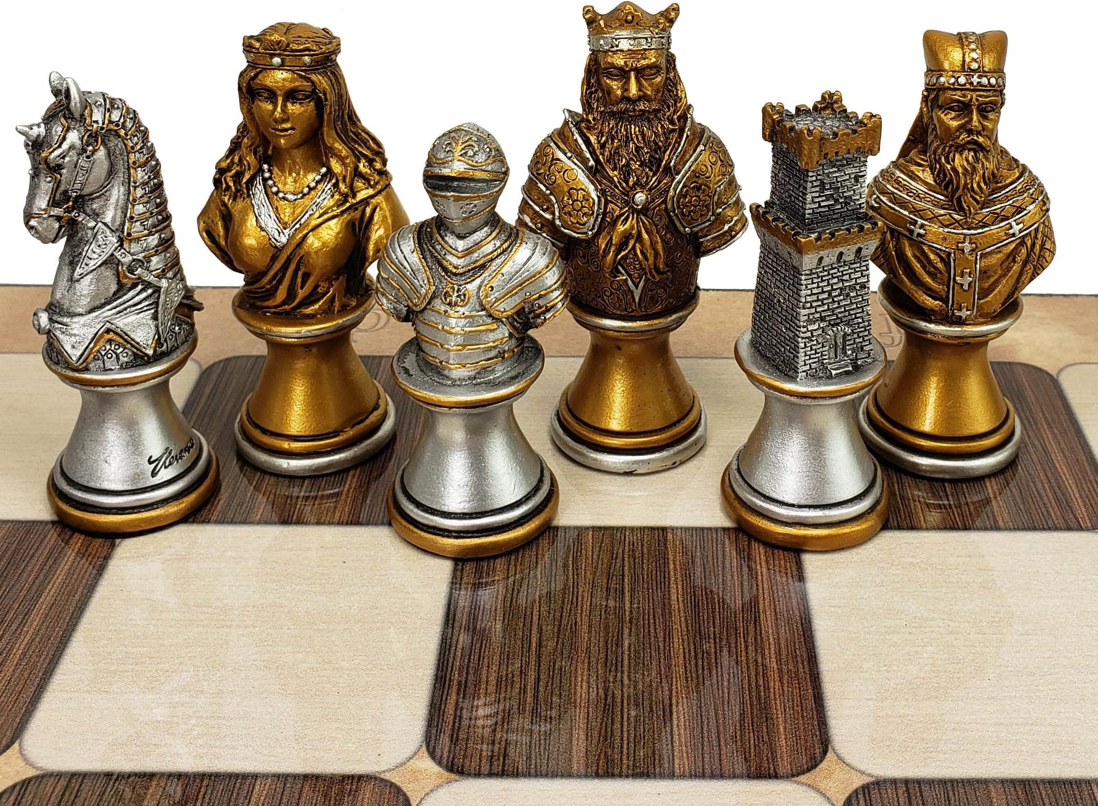 Medieval Times Crusades Knight Chess Men Set Gold & Silver Busts - NO Board