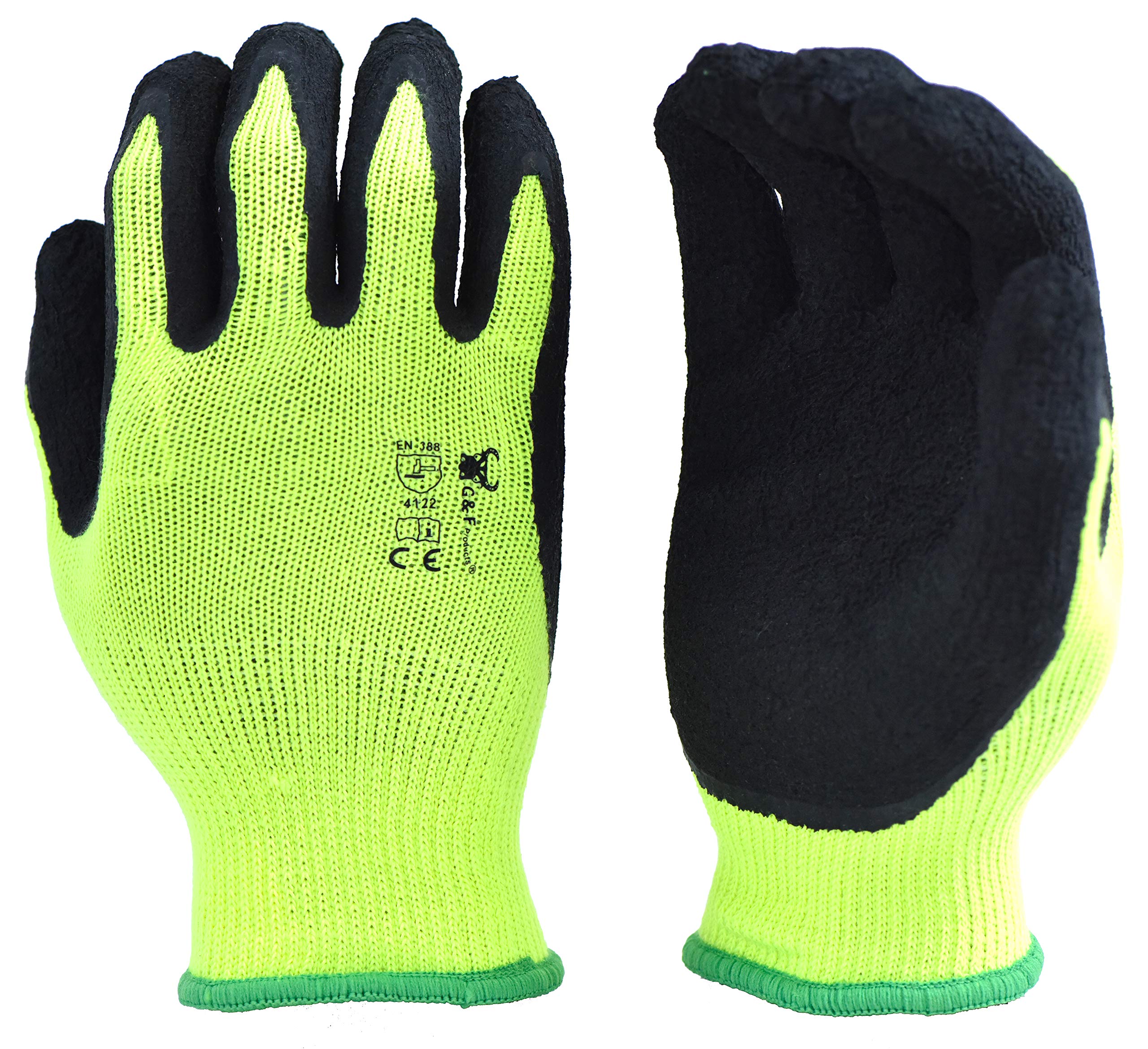 G & F Products 1516 6 Pairs Pack Premium High Visibility Low emissions Green Work and gardening Gloves for Men and Women.