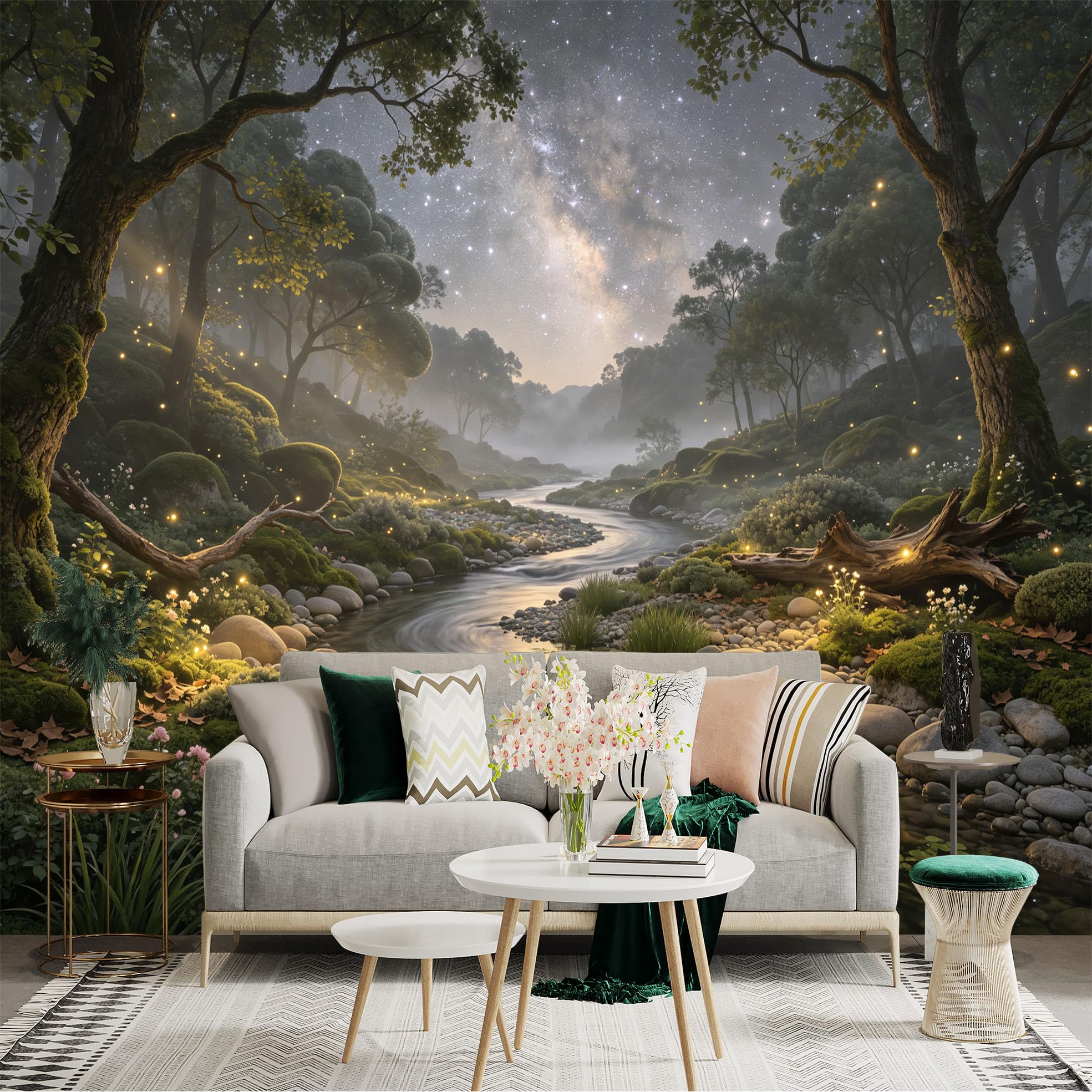 Lnzczhyre Bh260719639 Custom Size Wall Sticker Mural， Enchanted Forest Stream， Glowing Fireflies， Milky Way Galaxy， Dreamy Landscape， For Wall Decoration， Peelandstick Wall Decals.