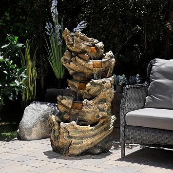 Alpine Corporation TZL132 Outdoor Floor 5-Tier Log Fountain with LED Lights, Cascading Tree Trunk Fountain 47, Brown