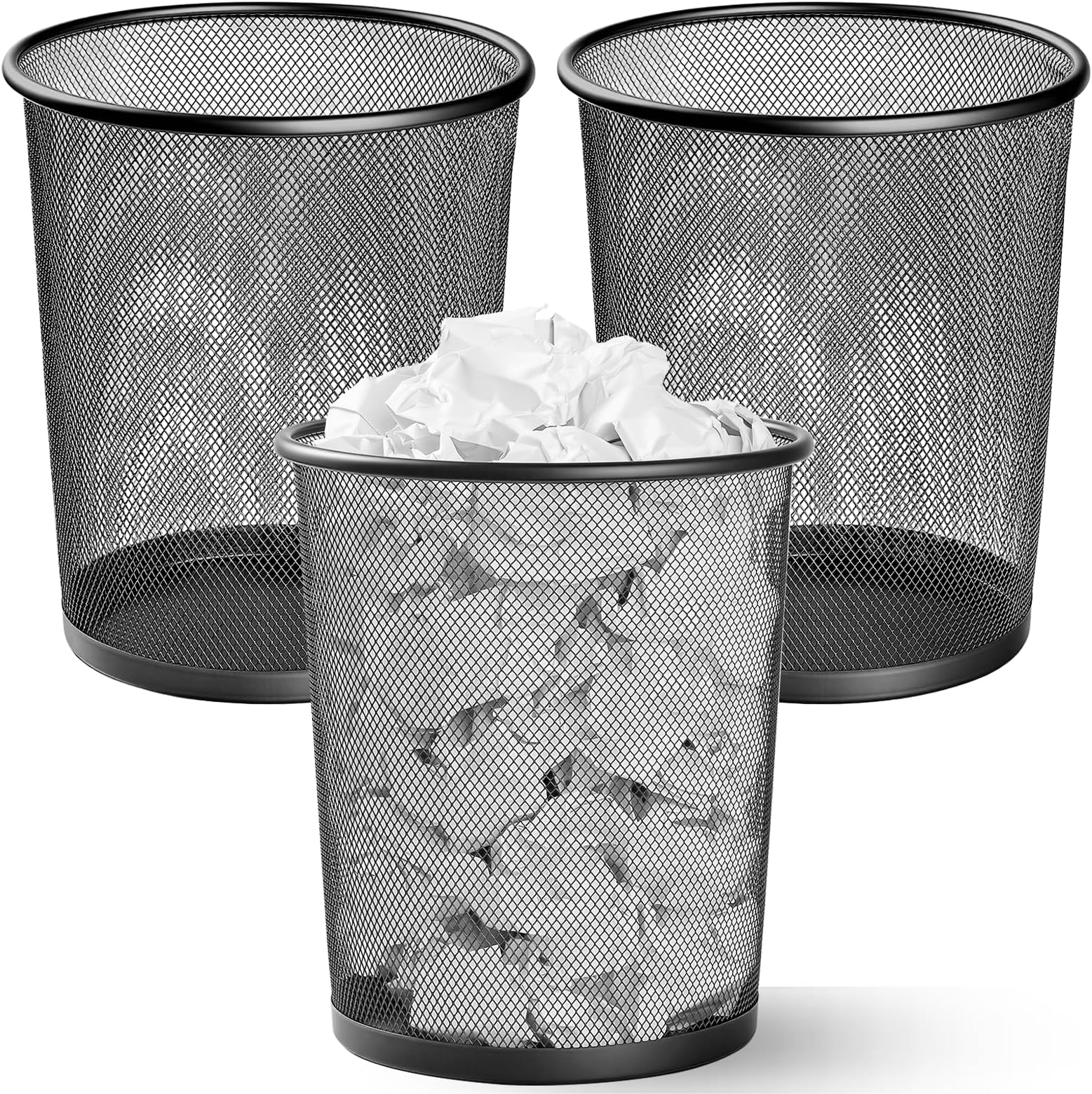 – 3 Pack Mesh Waste Paper Bin 12 Litres, Metal Wire Waste Basket Lightweight Circular Trash Bin for Home Office Garbage Can Bin - 260mm x 235mm x 190mm