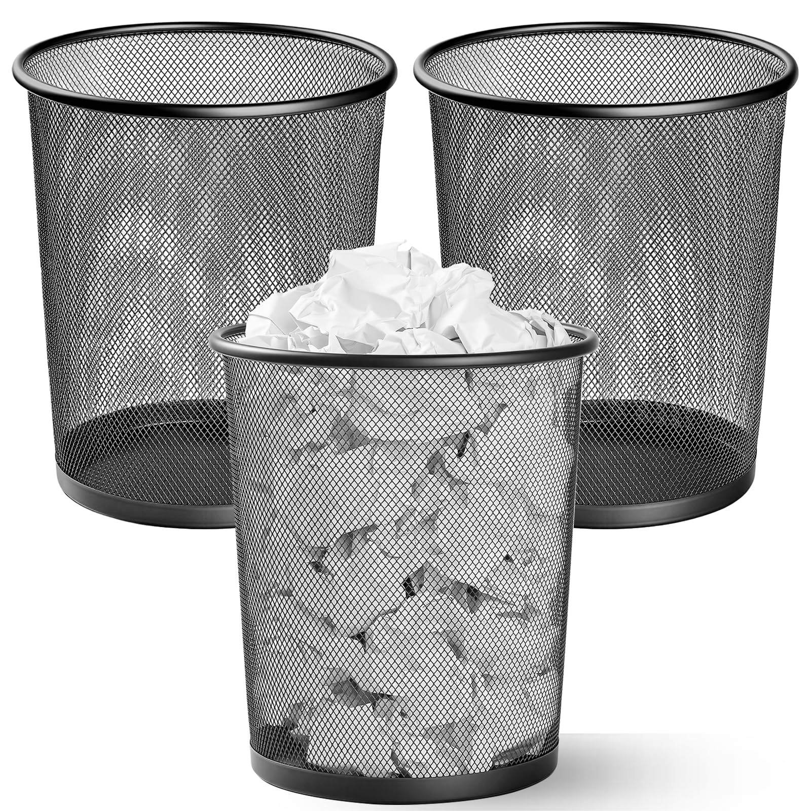 3 Pack Mesh Waste Paper Bin 12 Litres, Metal Wire Waste Basket Lightweight Circular Trash Bin for Home Office Garbage Can Bin - 260mm x 235mm x 190mm