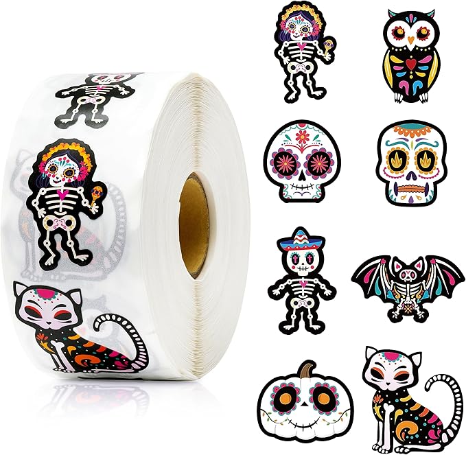 BeYumi 1000Pcs Day of The Dead Stickers Dia de Los Muertos Colorful Sugar Skull Skeleton Cat Stickers Waterproof Halloween Mexican Fiesta Stickers Decals for Laptop Water Bottle Kids Party Supplies