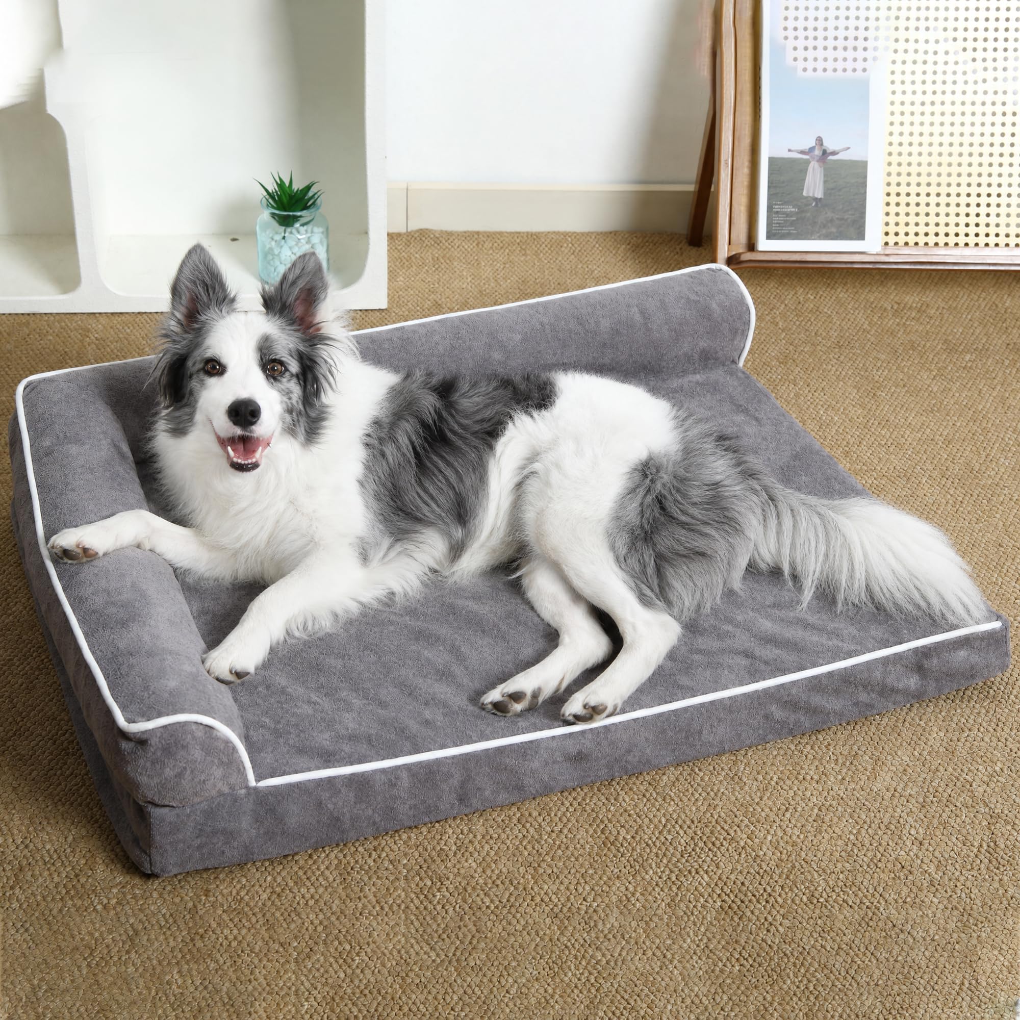 Orthopedic Dog Bed with Pillow L-Shape Dog Sofa for Large Medium Dogs, Dogs Couch with Removable Washable Cover, Pet Bed with Nonskid Bottom(Grey, XXX-Large(54x36in))