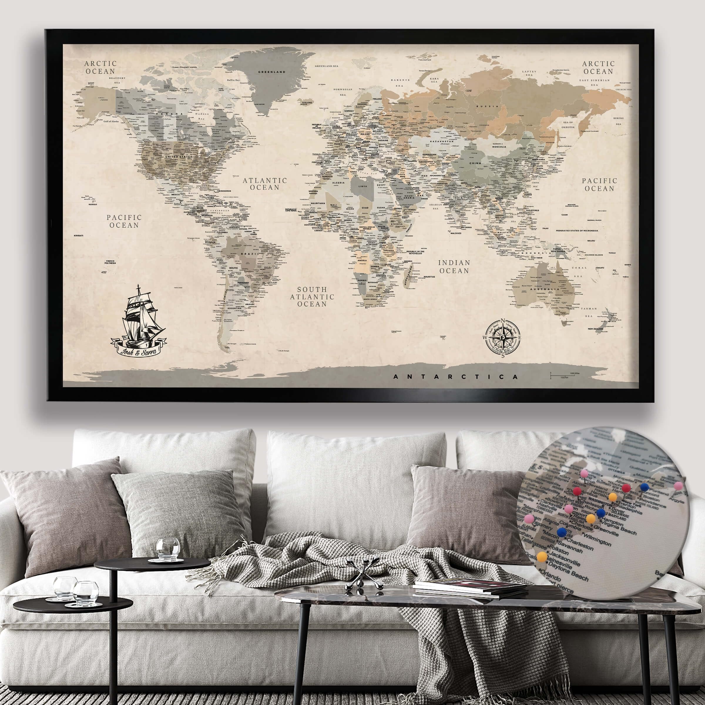 Canvas Art Bay Mapa świata w stylu vintage - spersonalizowana mapa świata płótno - szczegółowa mapa podróży z pinami - duży wydruk mapy świata - tablica przypinana do mapy świata - niestandardowy