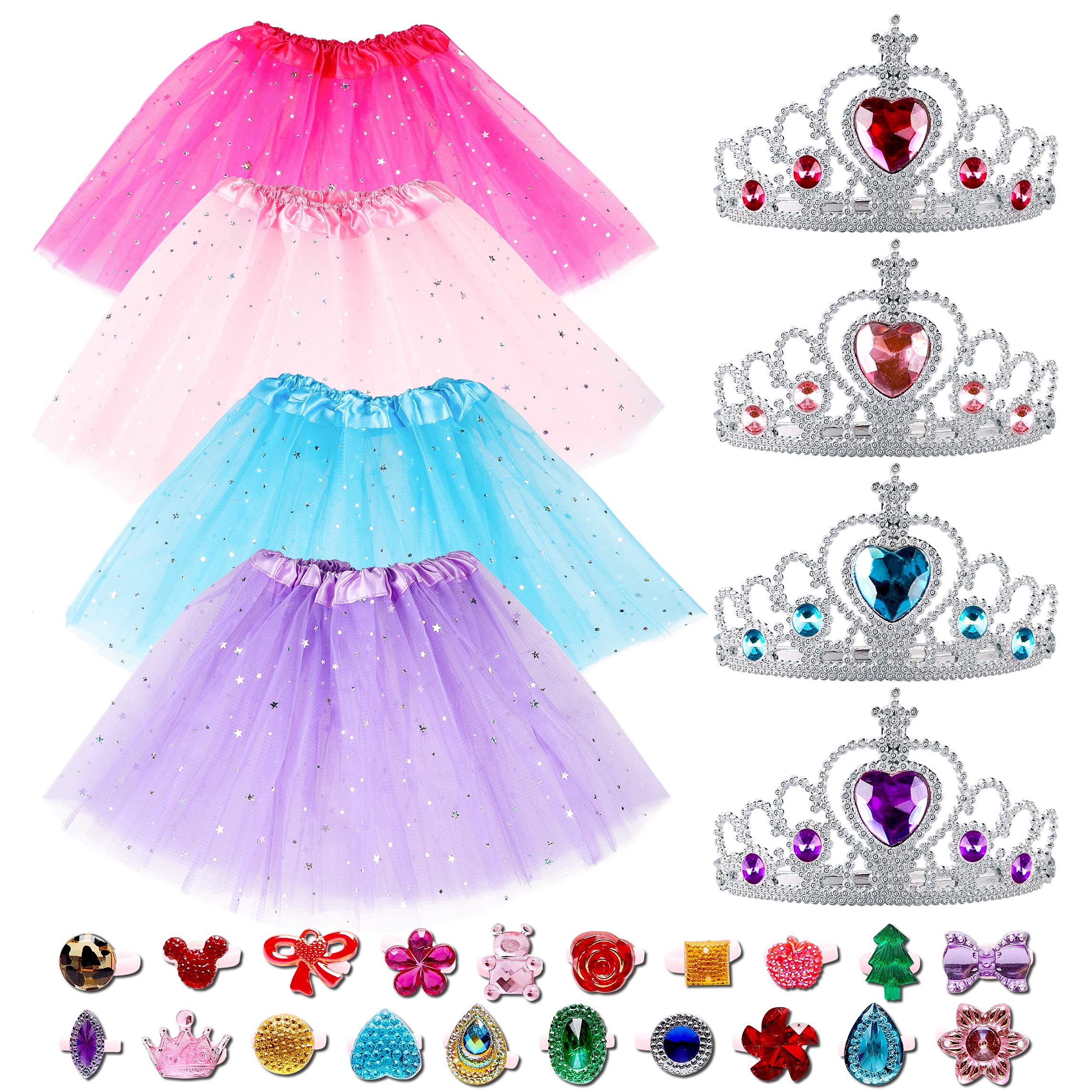 WATINC 28Pcs Princess Jewelry Toy Pretend Play Set Ballet Tutu Skirts of Stars Belle Costume for Little Girls Glitter Crowns Random Adjustable Jewel Rings Dress Up Accessories for Kids