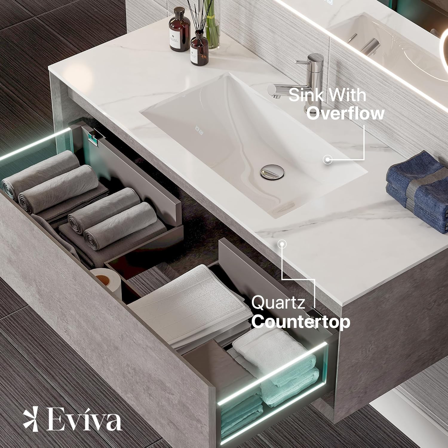 Eviva Aurora 40 in. Concrete Gray Wall Mount Single Sink Bath Vanity with Carrara Quartz Top