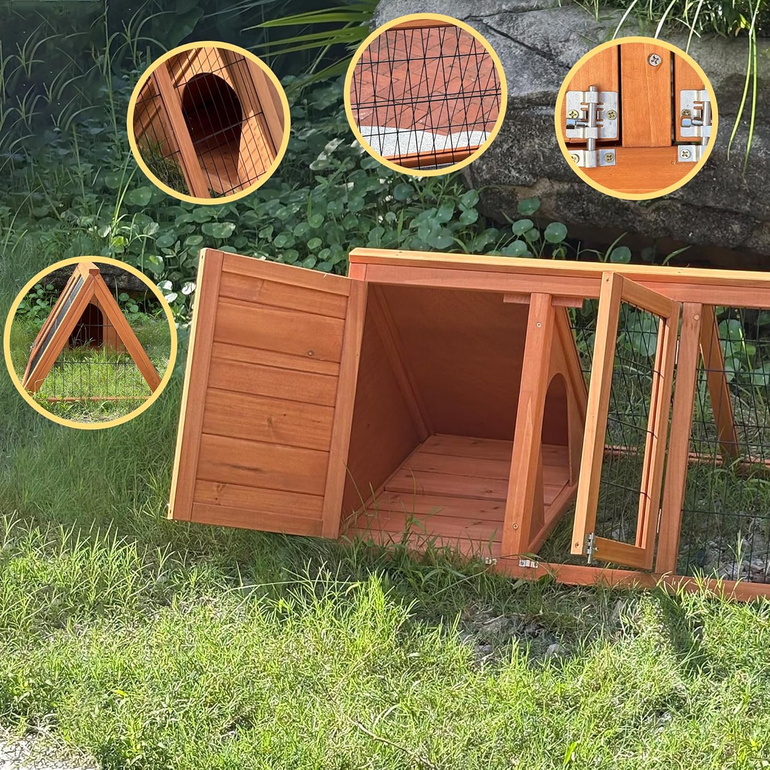 Large Tortoise Habitat Enclosure Indoor Outdoor Wooden A-Frame Turtle Hidden House with Ventilating Wire Fence Reptile Lounge Cage for Small Animals (Brown)