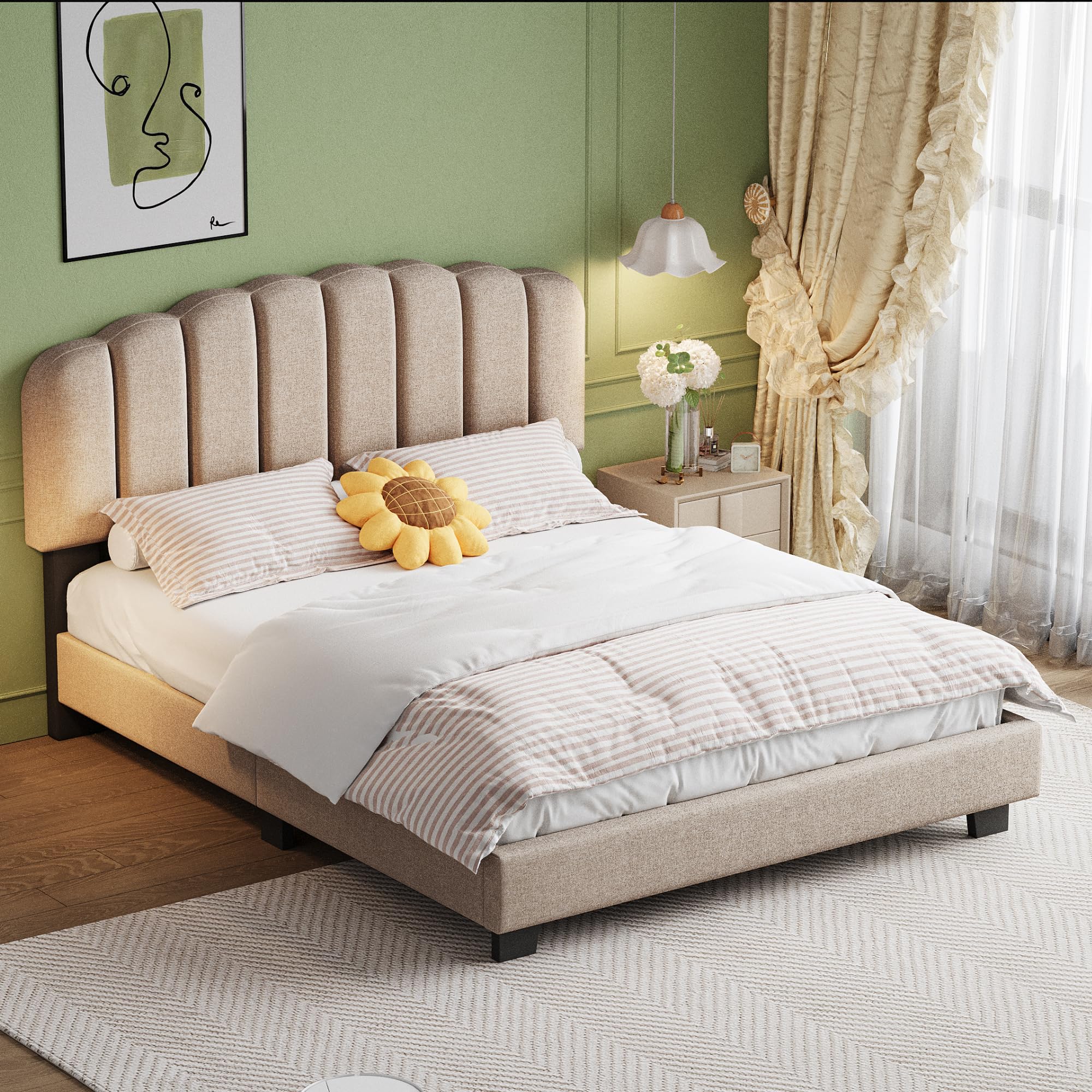 Letto imbottito 140 x 200 cm, letto con rete a doghe (senza materasso), testiera regolabile, in lino, stile minimalista beige scuro