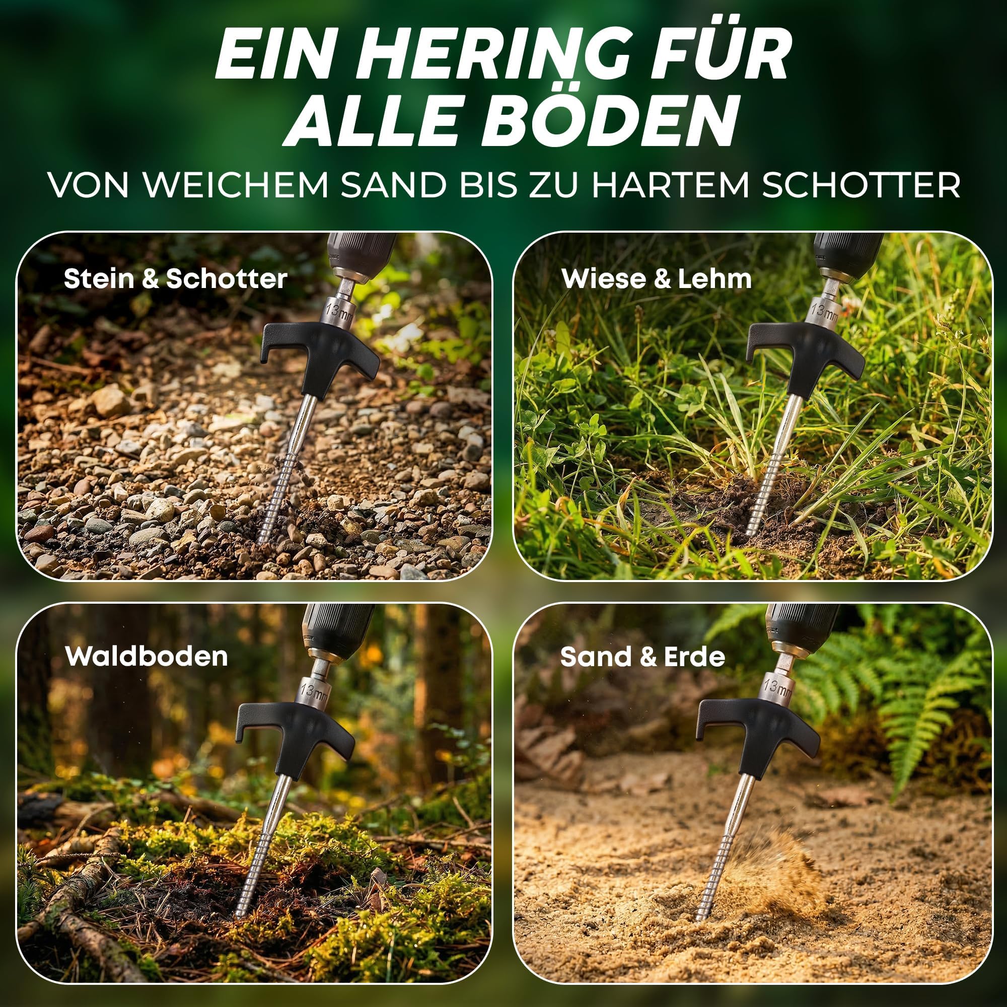 16x Schraubheringe Camping [Stahl] - Heringe Camping mit Transportbox - Zeltheringe zum Schrauben für alle Böden - Heringe Zelt sturmsicher und stabil