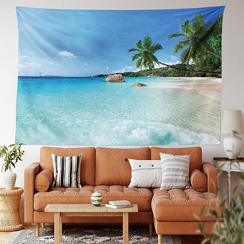 Miniatura 2 de Ambesonne Tapiz de océano tamaño King, Anse Lazio Beach at Praslin Island Surfing Beach Scenic View Travel, Colcha colgante de pared, decoración de