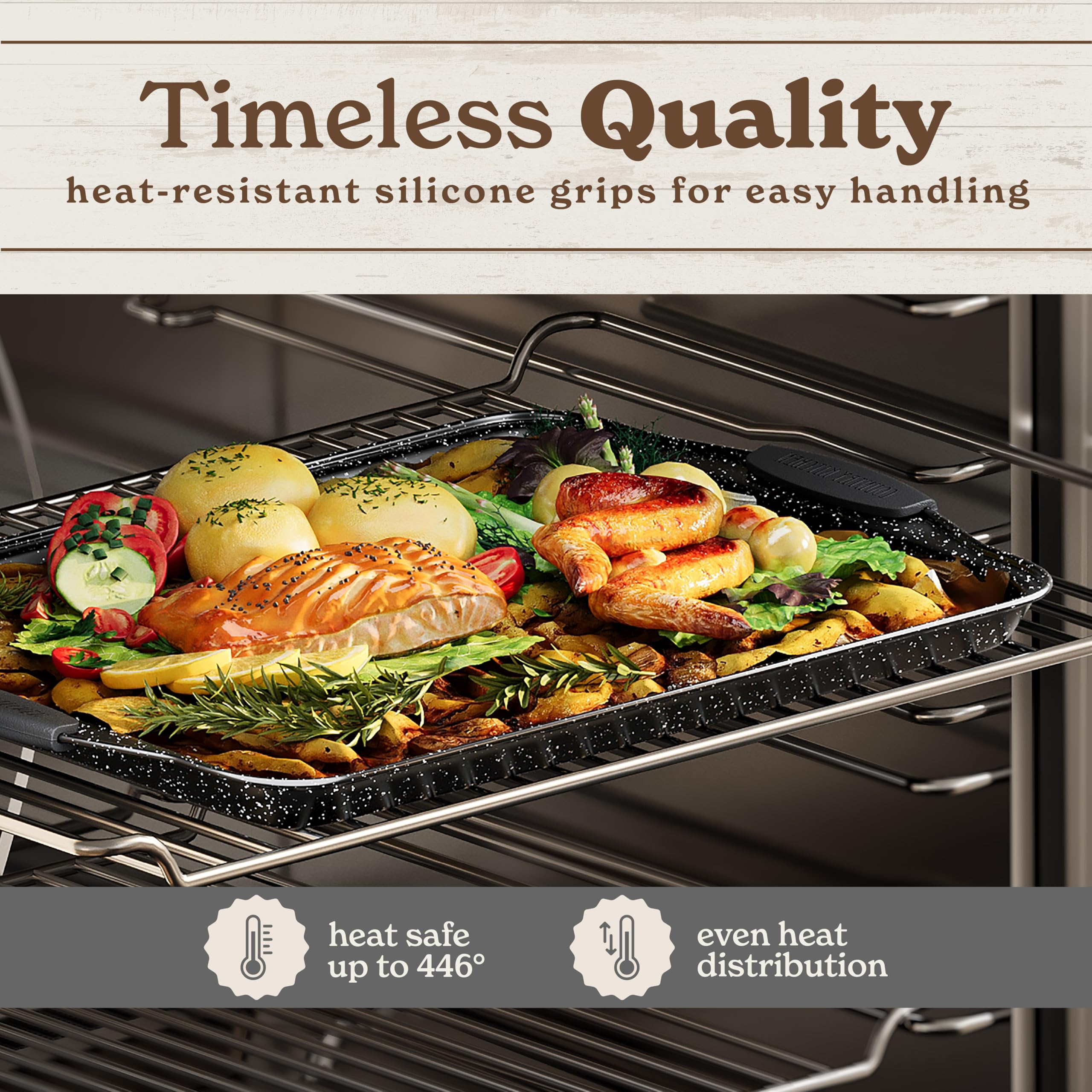 Country Kitchen Juego de 4 bandejas antiadherentes apilables para hornear, sin PFOA, PFOS, PTFE con revestimiento antiadherente, aptas para horno a 232.2 °C, bandeja para galletas (negro)