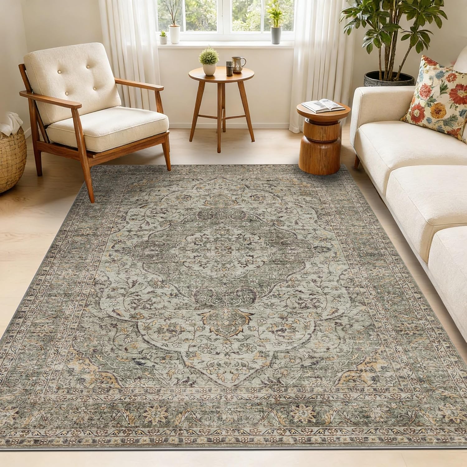 5x7 Vintage Washable Area Rugs, Dark Green and Brown Rug, Ultra Soft Non-Slip Farmhouse Distressed Carpet, Low Pile Stain Resistant for Living Dining Room Bedroom Study Room(Green)