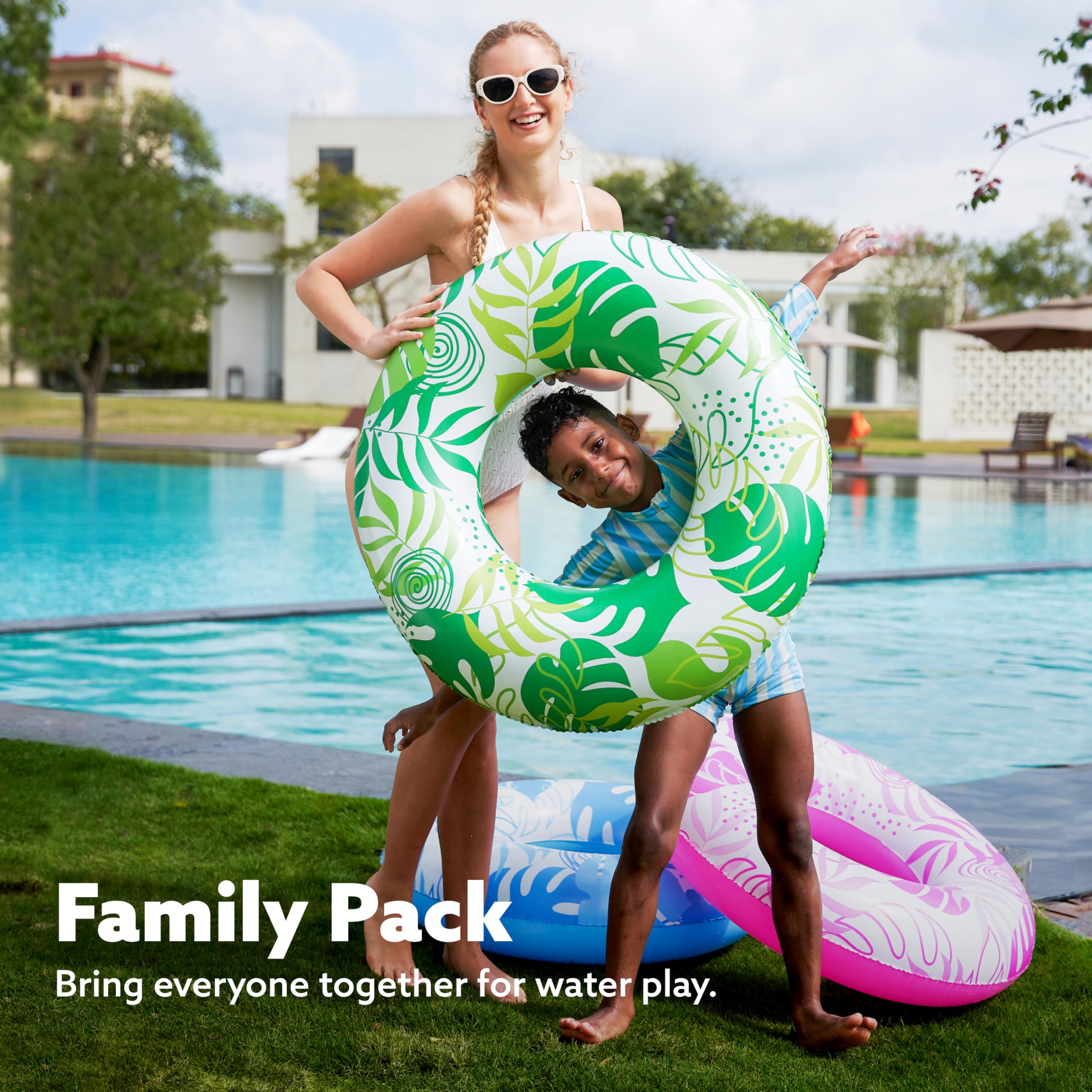 JOYIN 3 Pack Pool Floats, Pool Tube for Kids Swim Rings Inflatable Tubes, Tropical Leaves Floatie Ring Water Toys for Swimming, Summer Beach Party