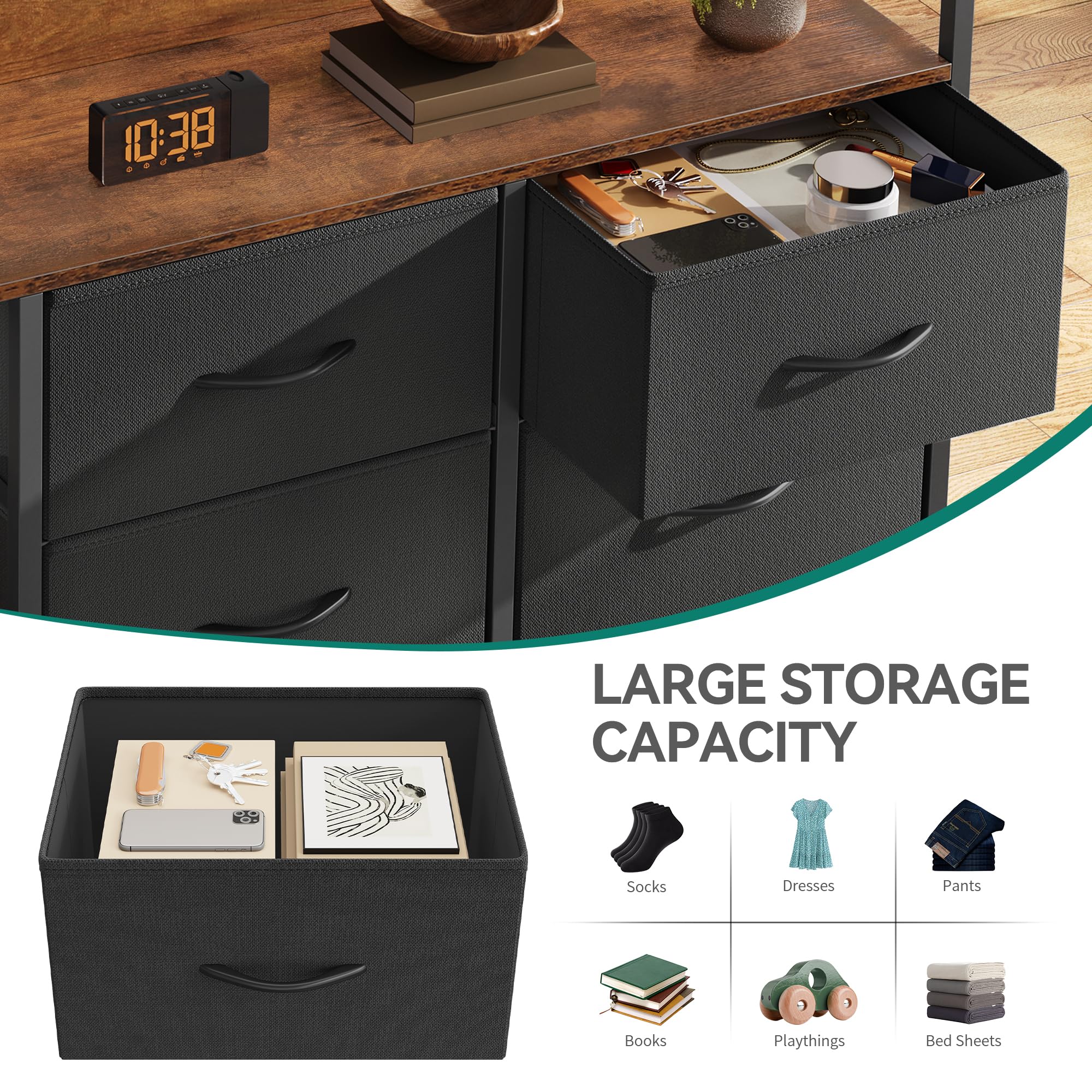 YITAHOME Commode pour Chambre à Coucher avec 7 tiroirs en Tissu, Commode avec 2 Prises, 2 Ports USB et Bande Lumineuse LED, Meuble TV avec Crochets latéraux, Noir